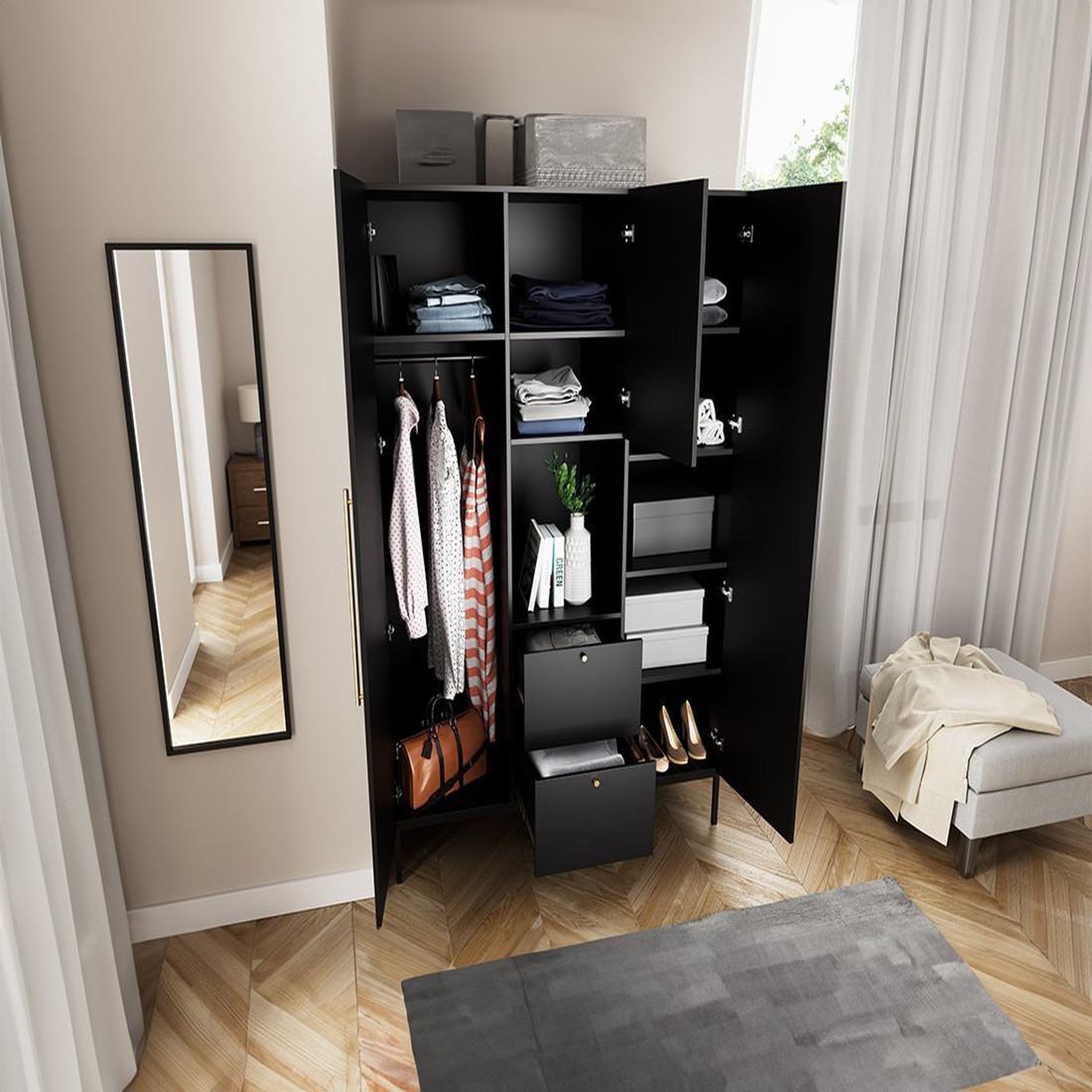 Voir la diapositive 3 : BEST MOBILIER Felicia - armoire - noir - 135x200 cm