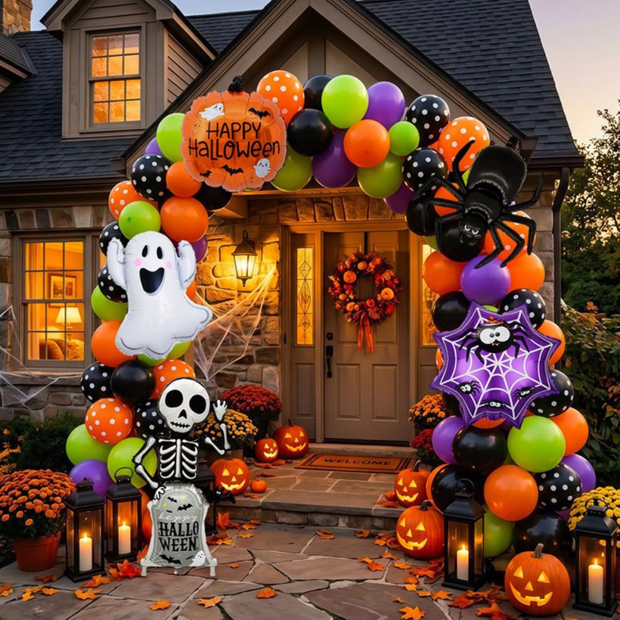 Voir la diapositive 6 : Décoration fête Halloween avec ballons 108 pièces, noir, orange, violet et vert, chauves-souris et panneaux  Happy Halloween