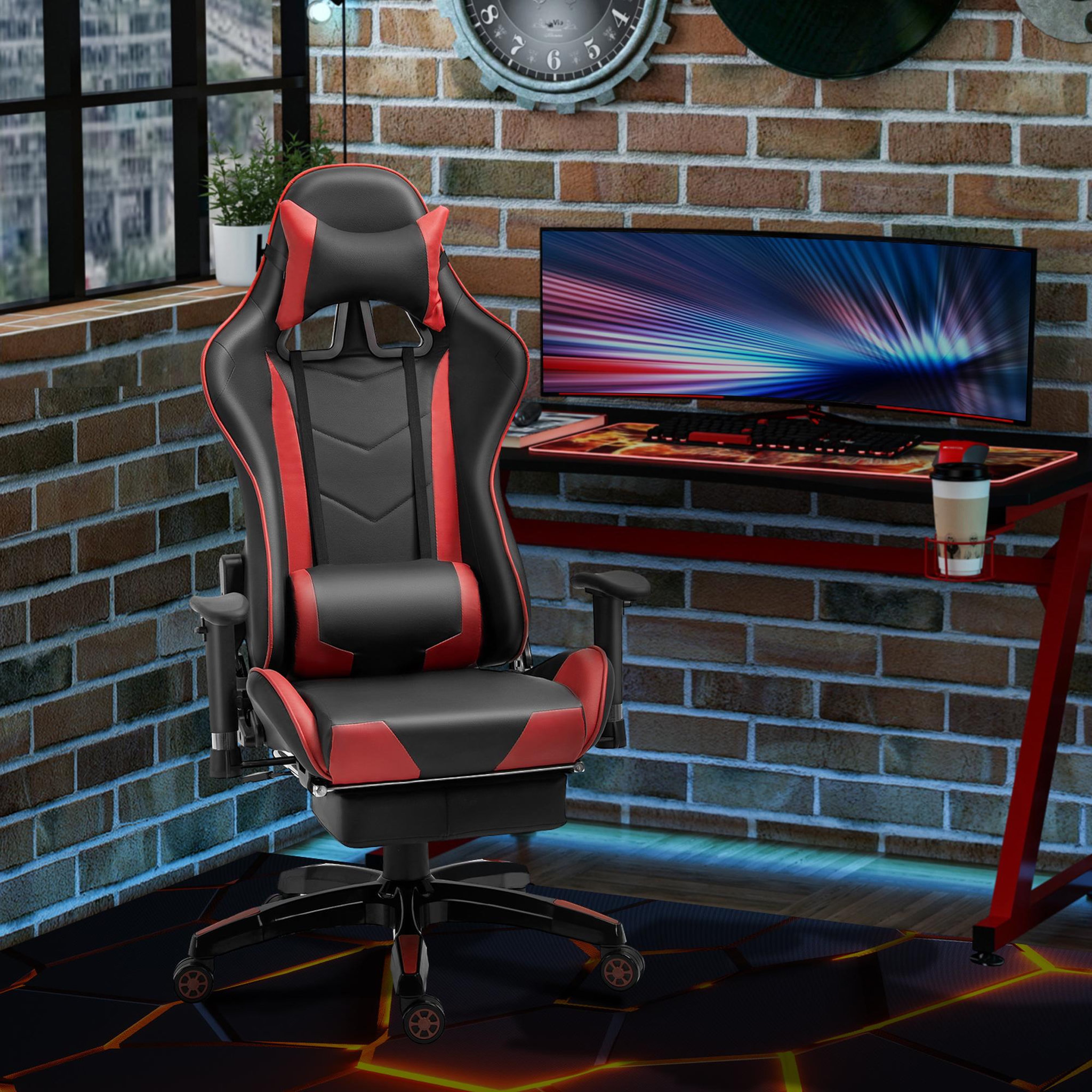 Voir la diapositive 2 : HOMCOM Chaise de bureau gaming style baquet racing pivotant inclinable réglable avec coussins repose-pieds synthétique noir rouge