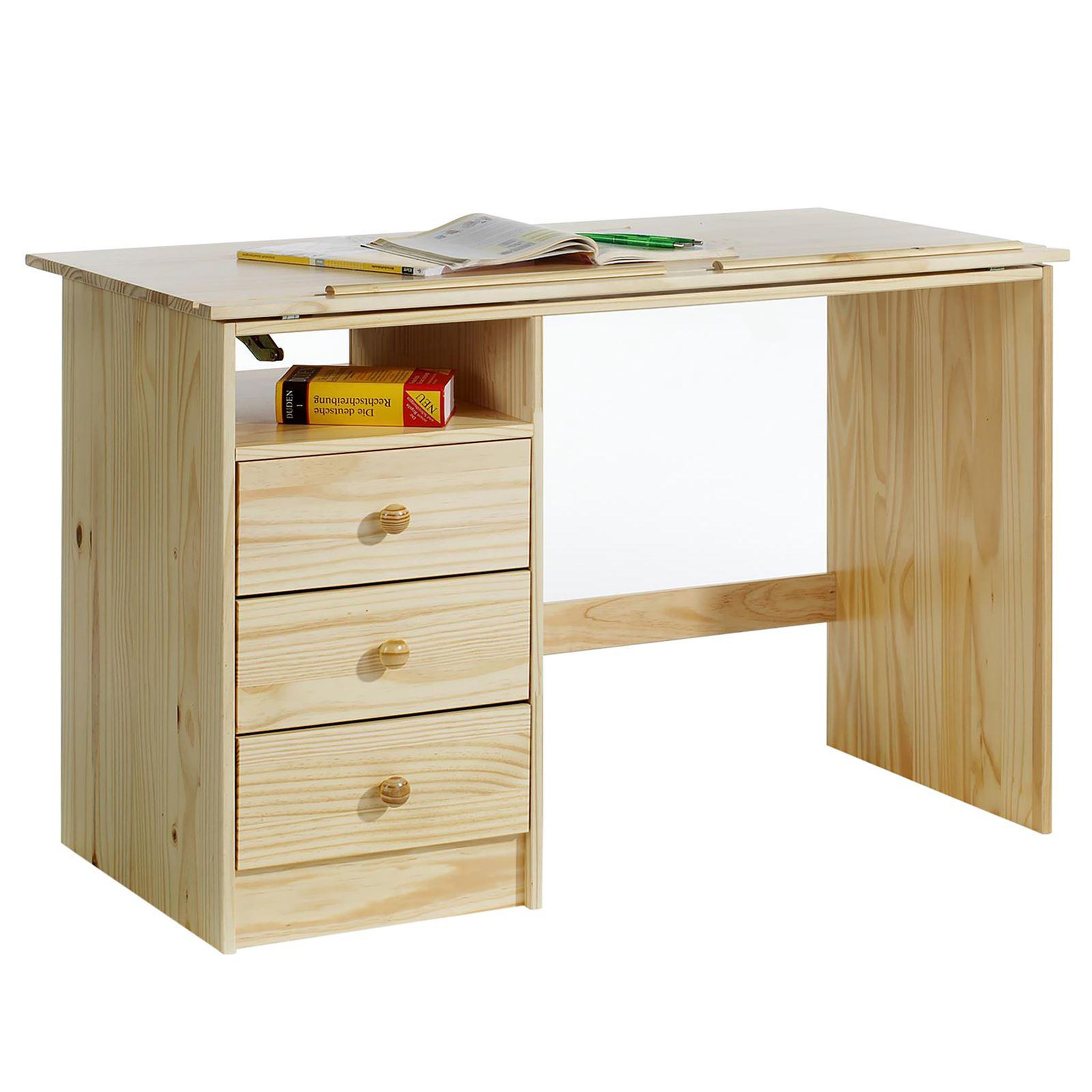 Voir la diapositive 2 : IDIMEX Bureau enfant KEVIN, en pin massif, 3 tiroirs et plateau inclinable