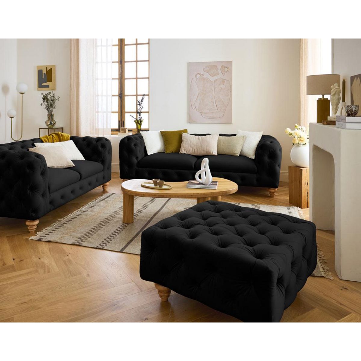 LISA DESIGN Walter - canapé 3 places chesterfield en velours - pieds bois