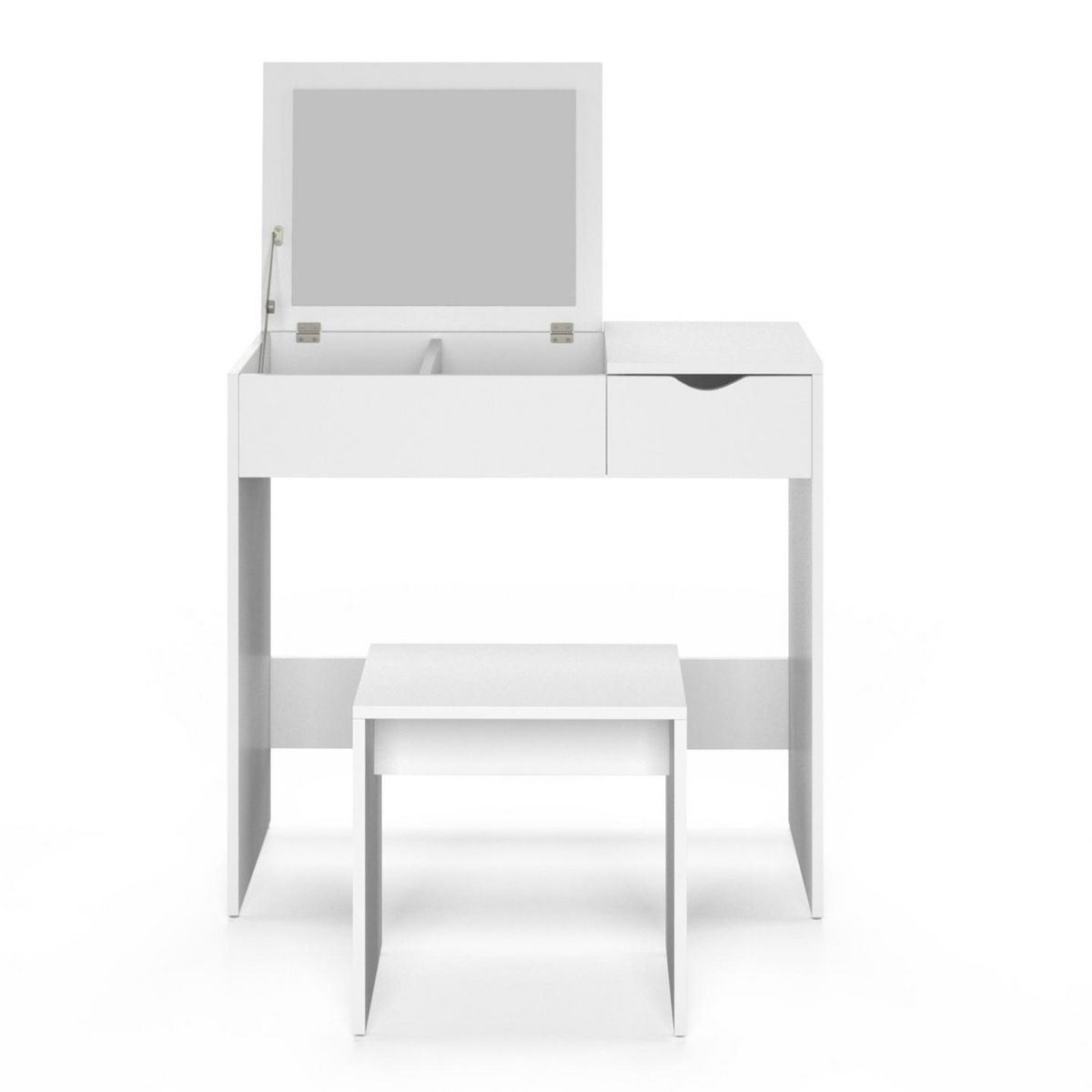 ID MARKET Coiffeuse ZELIA miroir rabattable avec 1 tiroir et 1 tabouret