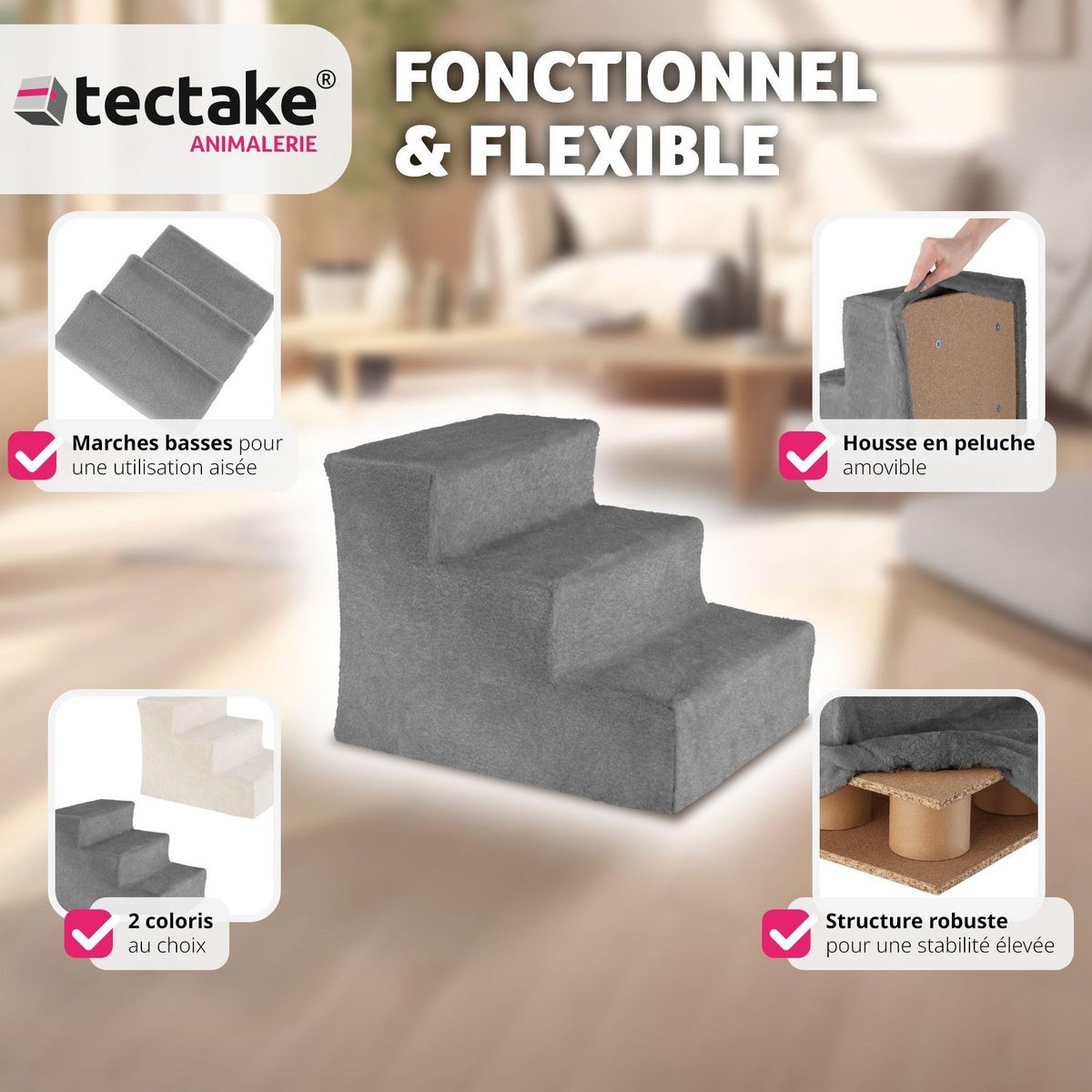 tectake Escalier pour animaux domestiques 37 x 45 x 34,5 cm gris