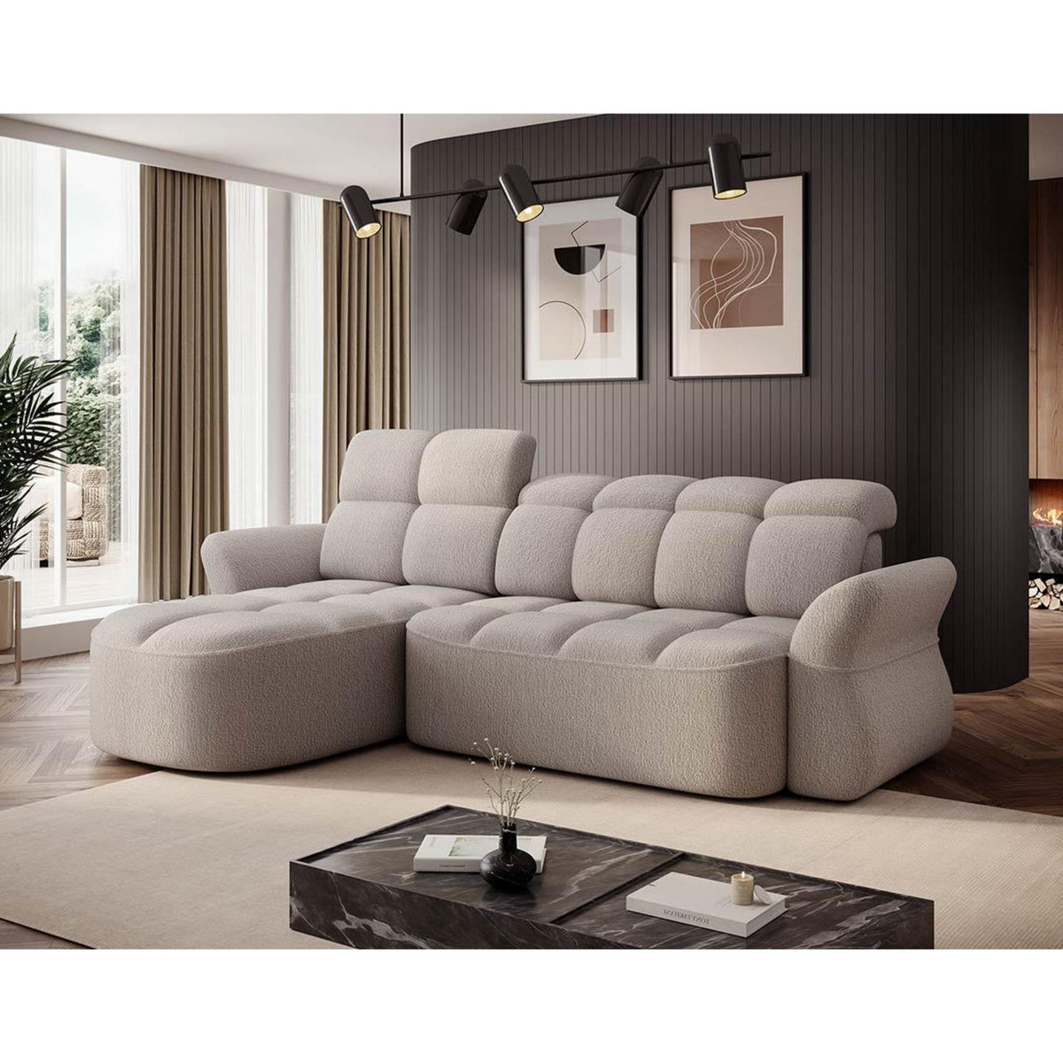 BEST MOBILIER Brume - canapé d'angle gauche 4 places convertible électrique avec coffre et têtières réglables en tissu bouclette