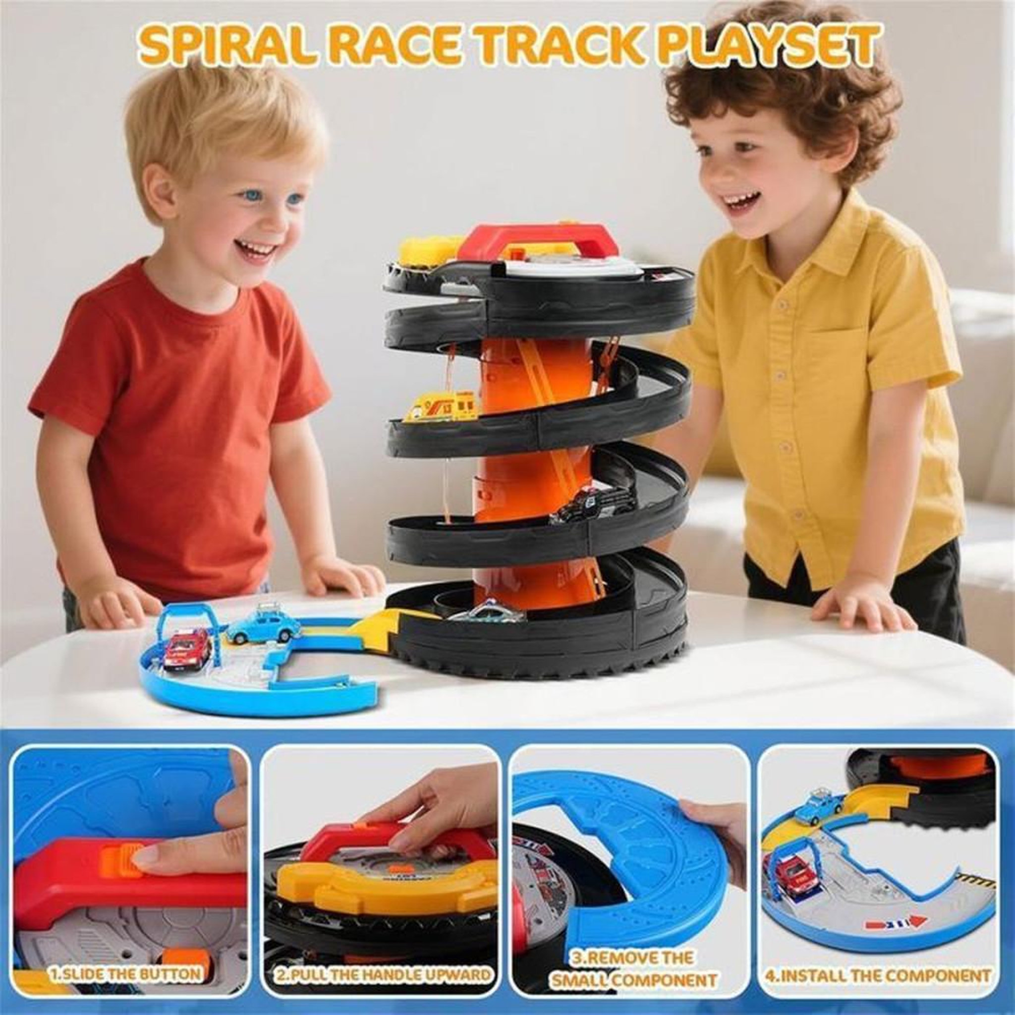 Voir la diapositive 2 : Circuit de course 2-en-1 pliable avec 5 mini voitures, boucle spirale/pancake, lumières et sons pour enfants dès 3 ans
