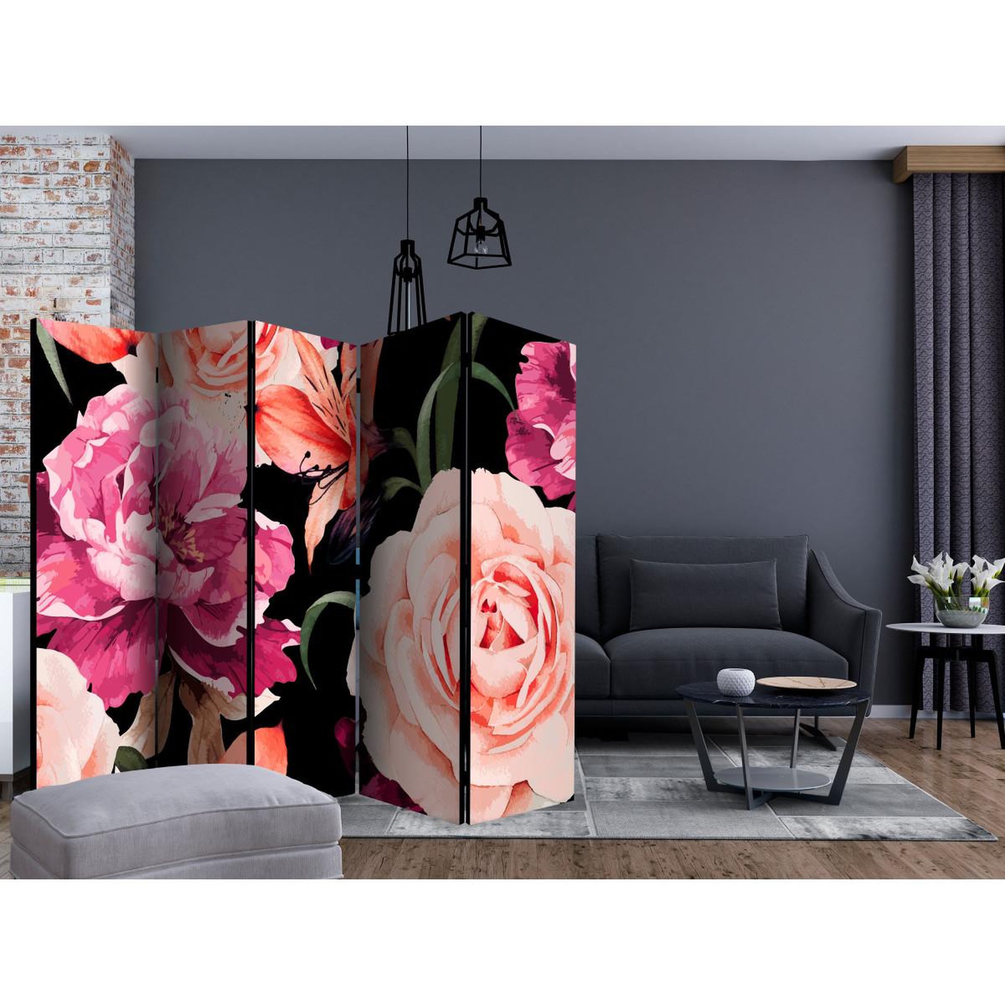Voir la diapositive 2 : Paris Prix Paravent 5 volets  roses of love  172x225cm