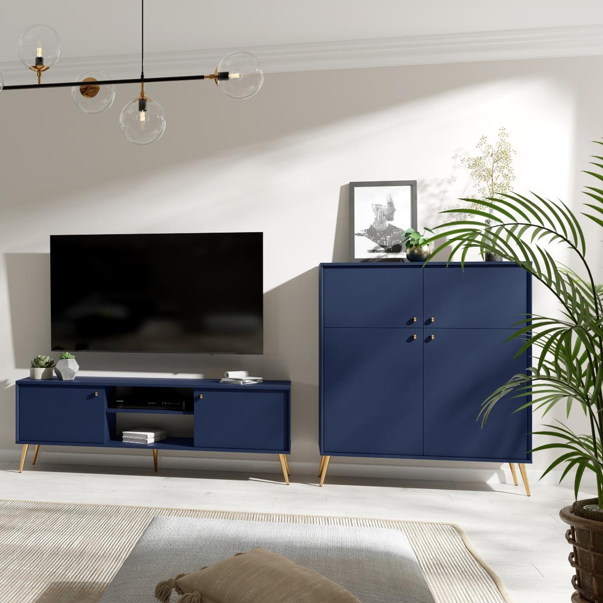 Voir la diapositive 4 : JLC KREATION Buffet haut moderne 4 portes bleu et pied doré ezia