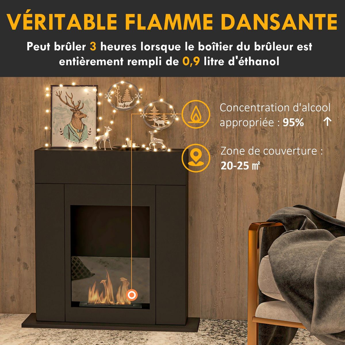 HOMCOM Cheminée bioéthanol design contemporain - brûleur 0,9 L - contrôle de flamme inclus - acier noir verre trempé