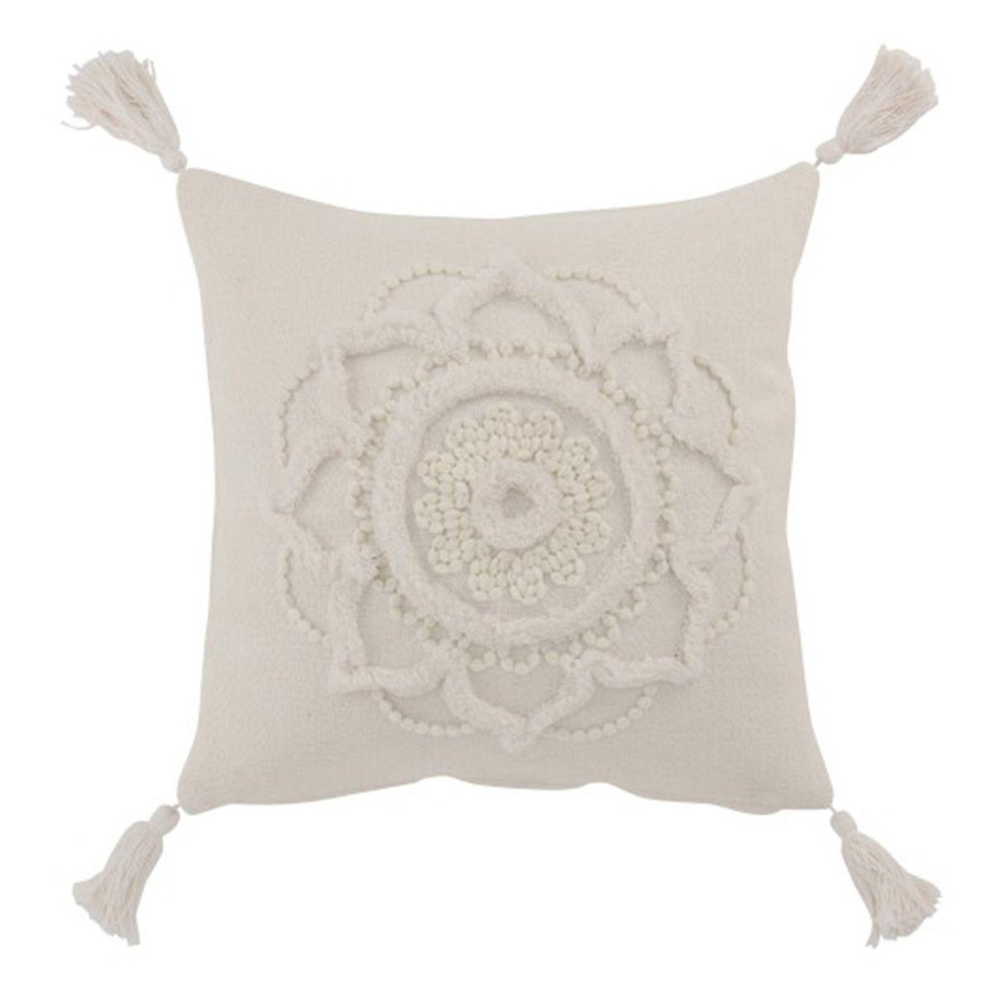 Voir la diapositive 1 : J-LINE Coussin déco pompons  bord floches  45x45cm blanc