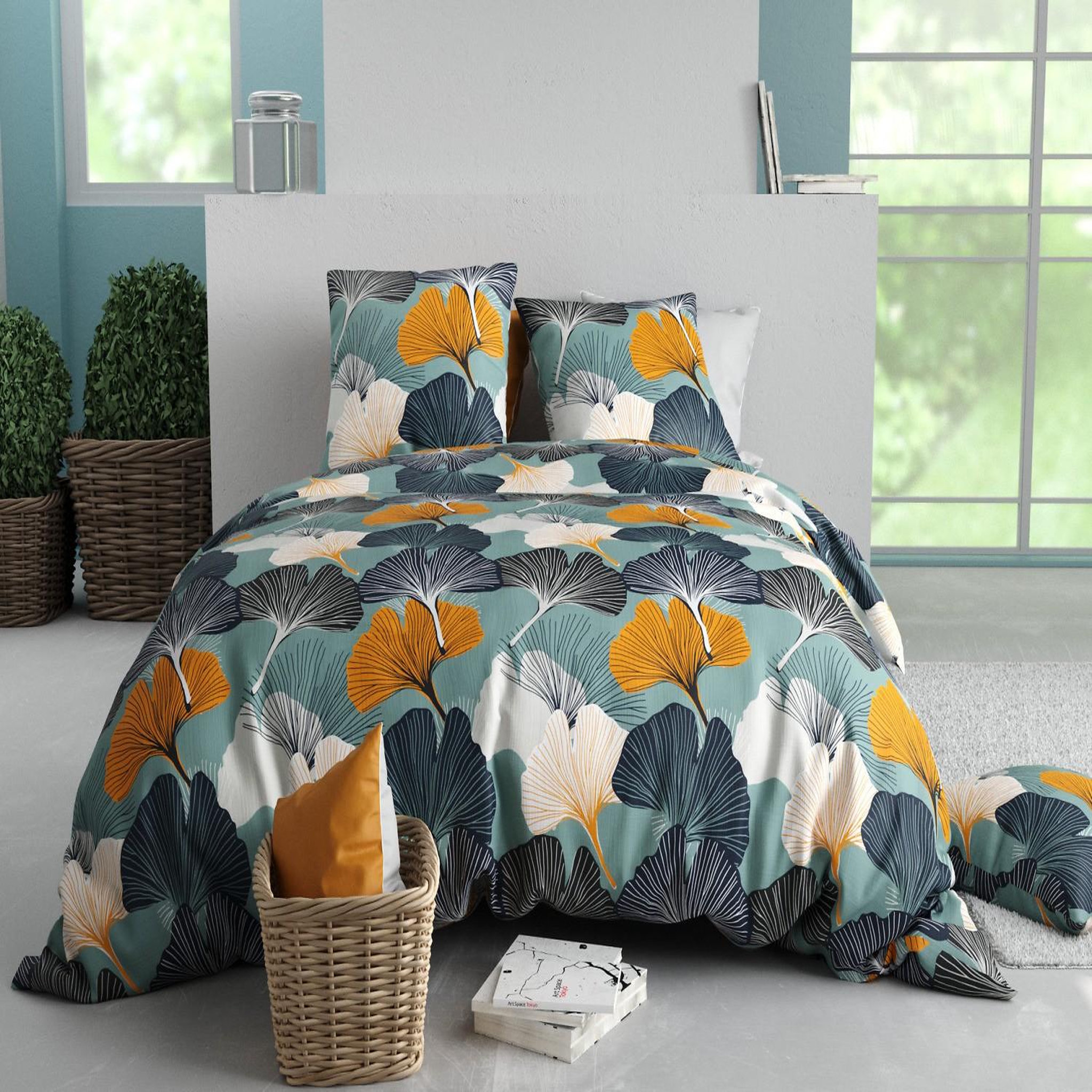 ATELIER DU COTON Parure de couette gink 100% coton 57fils. Coloris disponibles : Bleu