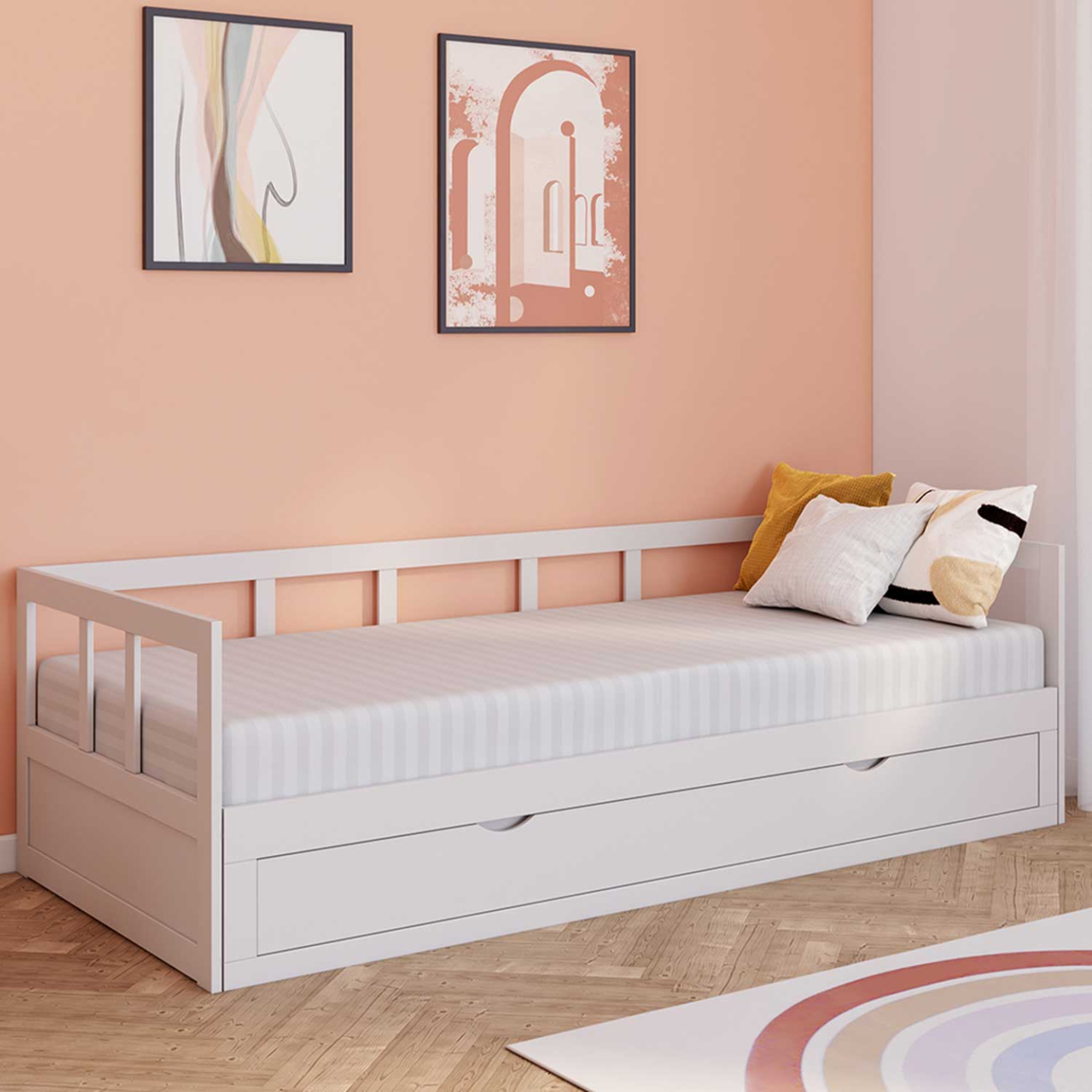 Voir la diapositive 2 : ID MARKET Lit banquette 90 x 190 cm zoya convertible 180 x 190 cm blanc avec 1 tiroir de rangement