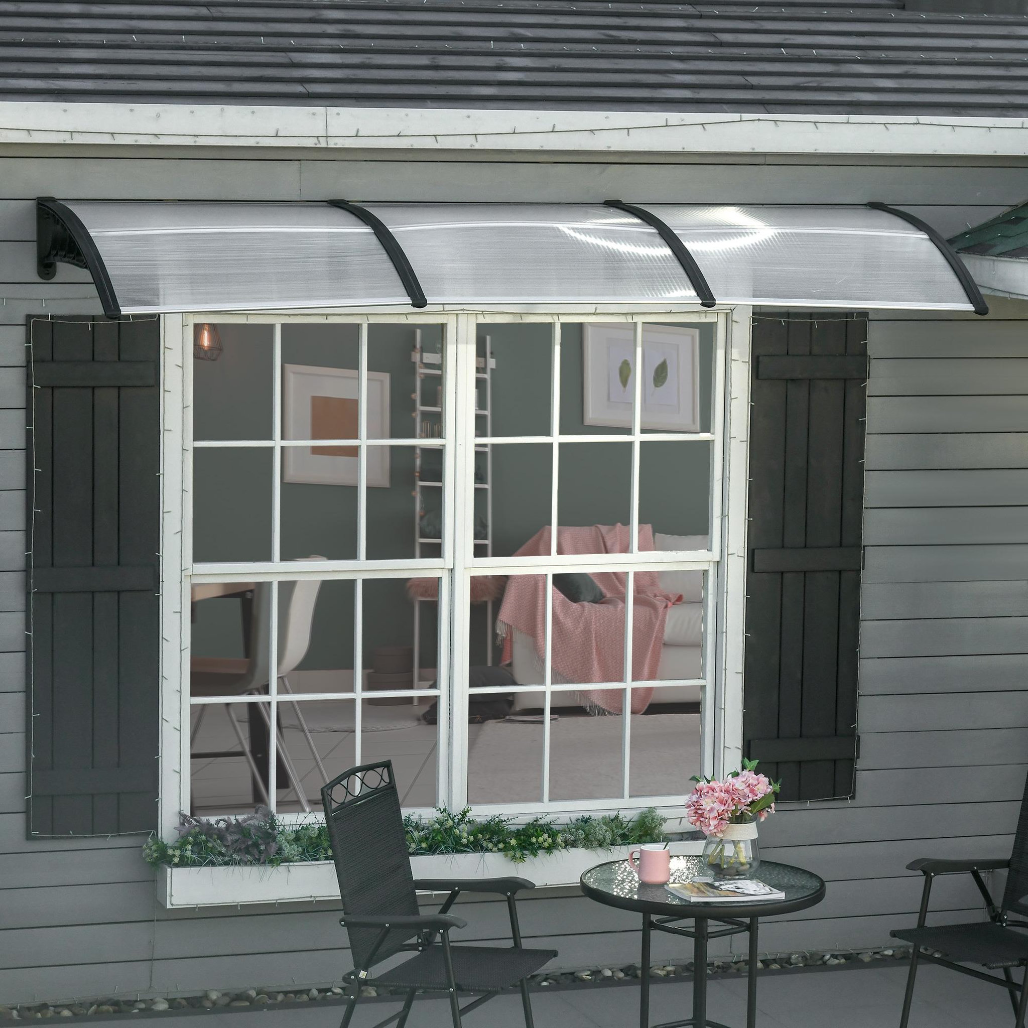 Voir la diapositive 2 : OUTSUNNY Auvent marquise de porte design voûté arrondi dim. 303L x 96l x 27H cm alu polycarbonate plastique noir