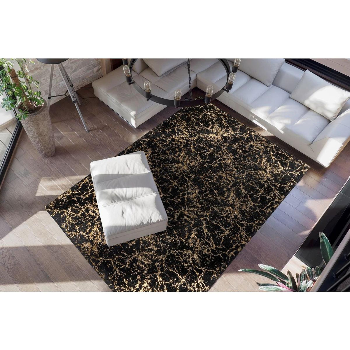 Paris Prix Tapis Marbré à Poils Longs  Bijou  Noir & Or