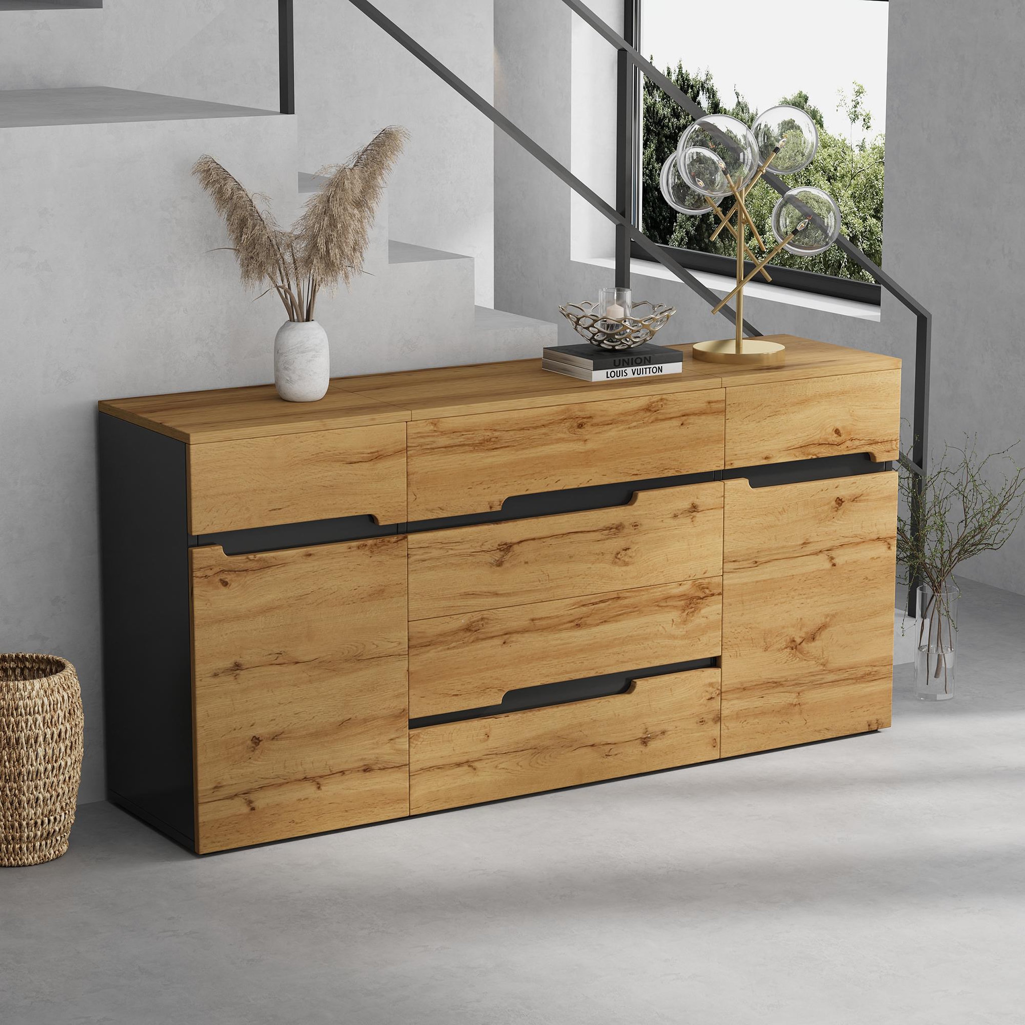 Voir la diapositive 4 : MERAX Buffet 2 porte(s) 4 tiroir(s) - 160 cm naturel+noir panneau de particules
