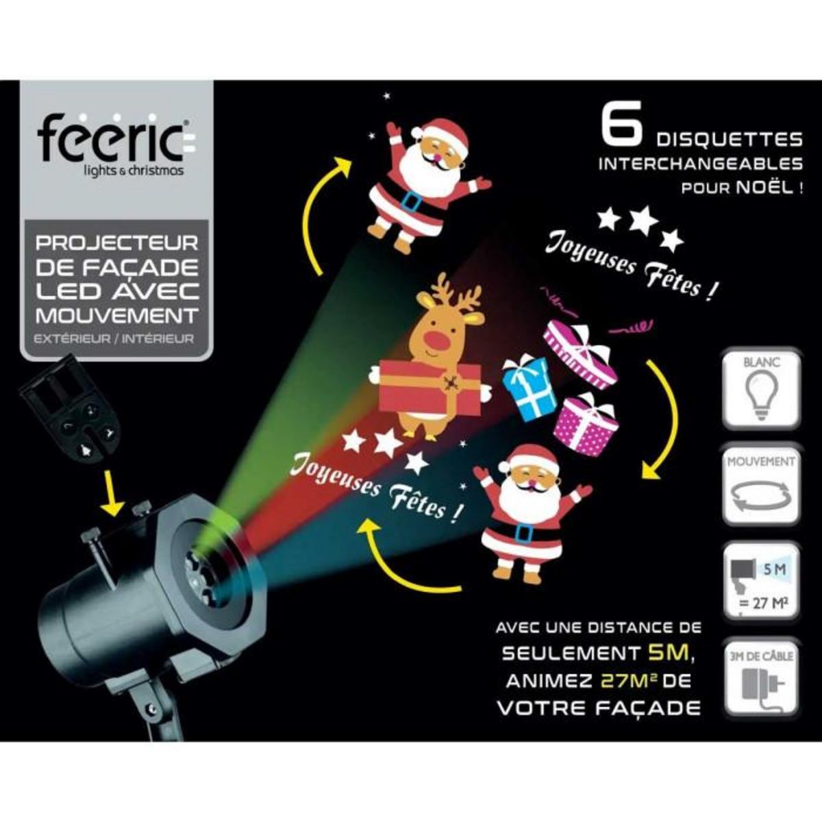 FEERIC LIGHT & CHRISTMAS Projecteur extérieur de Noël avec 6 Films - 5 m de projection - Noir