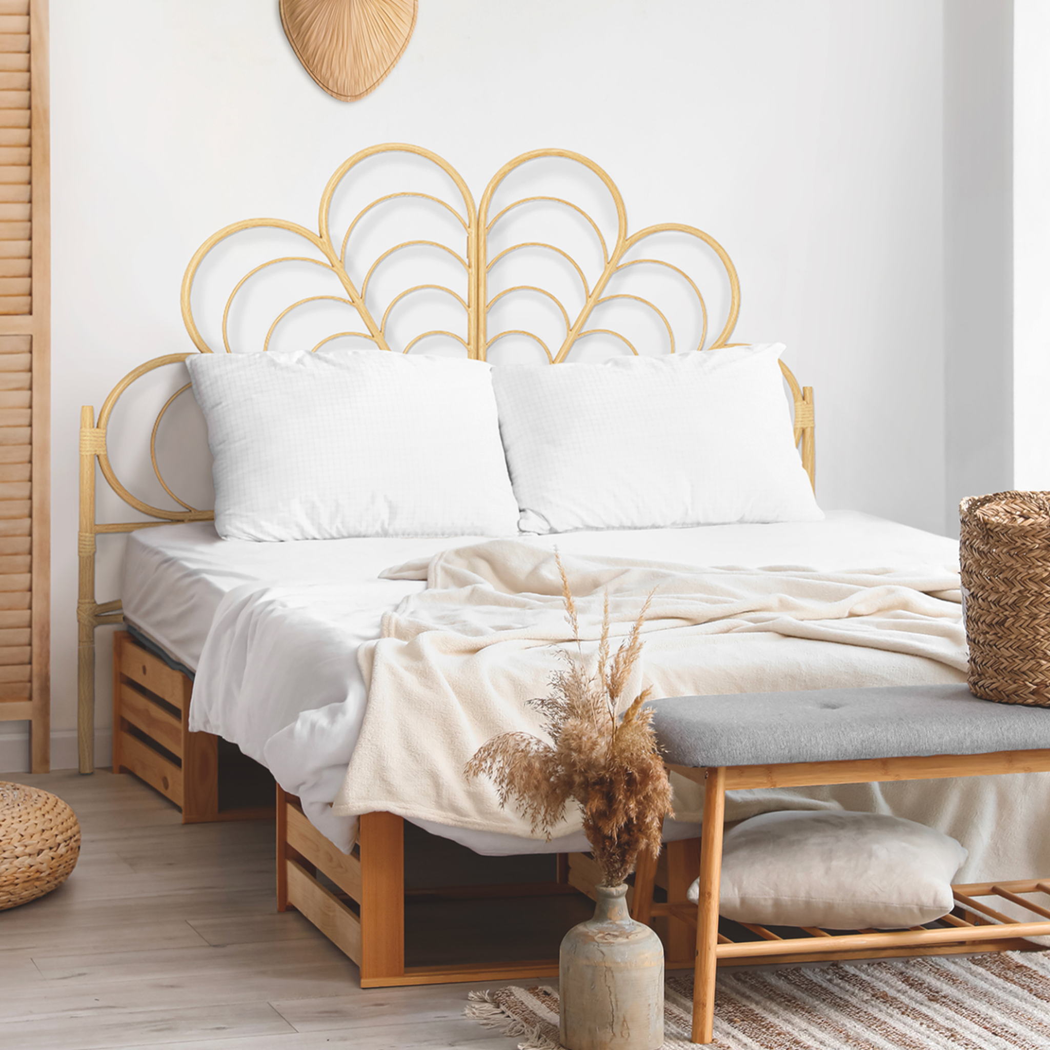 Voir la diapositive 2 : ID MARKET Tête de lit sur pied ivy 160 cm effet rotin en forme de fleur