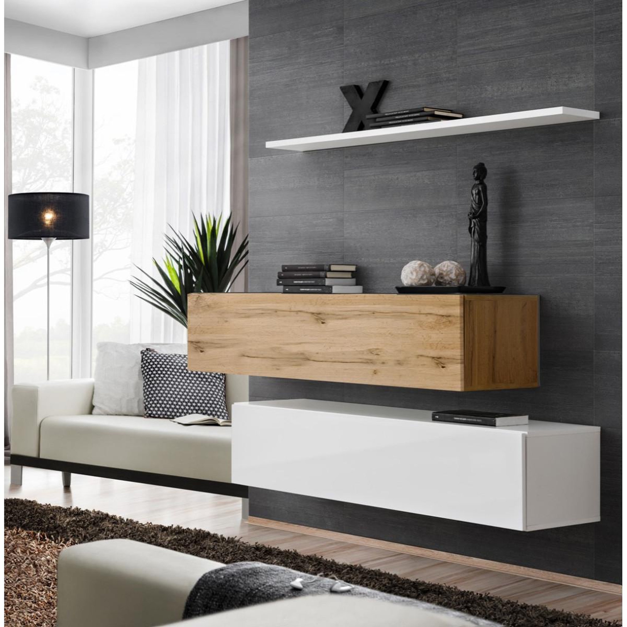 Paris Prix Lot de 2 bancs muraux & étagère  switch sbii  130cm blanc & naturel
