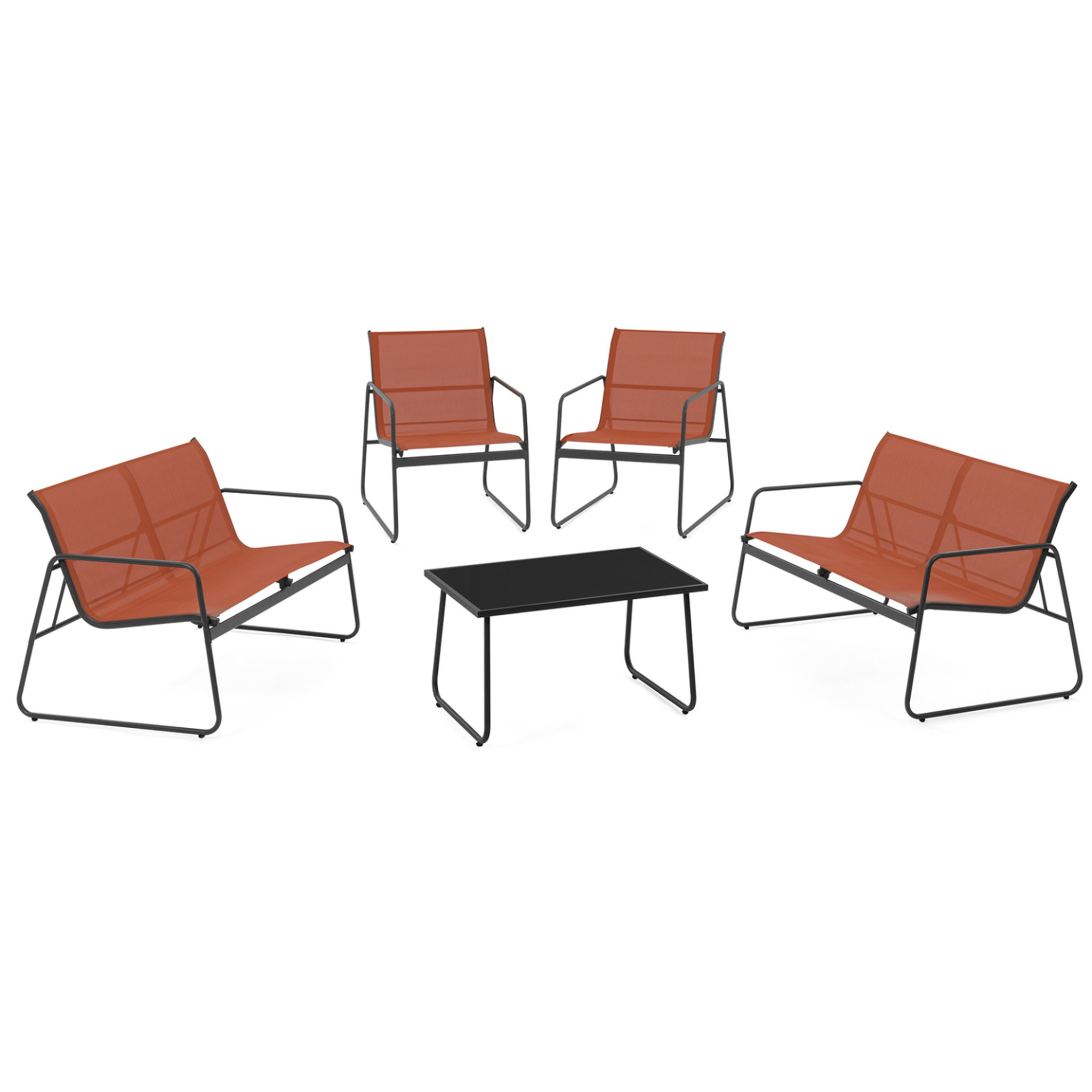 ID MARKET Salon de jardin bas malaga 6 places avec 2 canapés, fauteuils et table terracotta