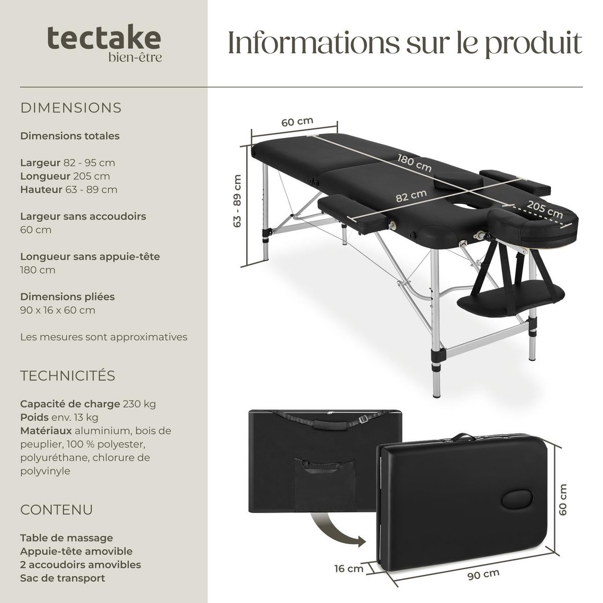 tectake Table de massage portable pliante 2 zones avec sac de transport inclus noir
