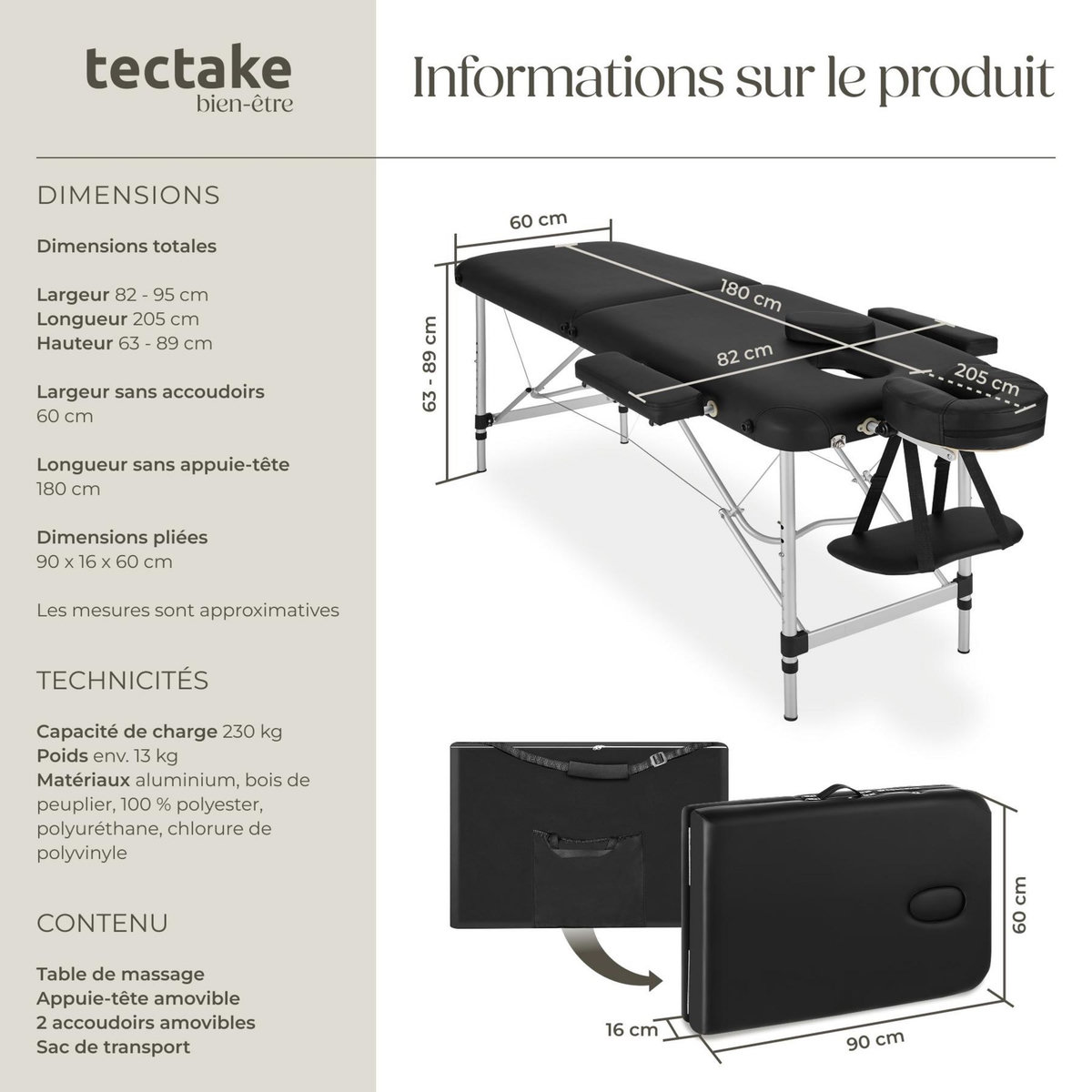 tectake Table de massage portable pliante 2 zones avec sac de transport inclus noir