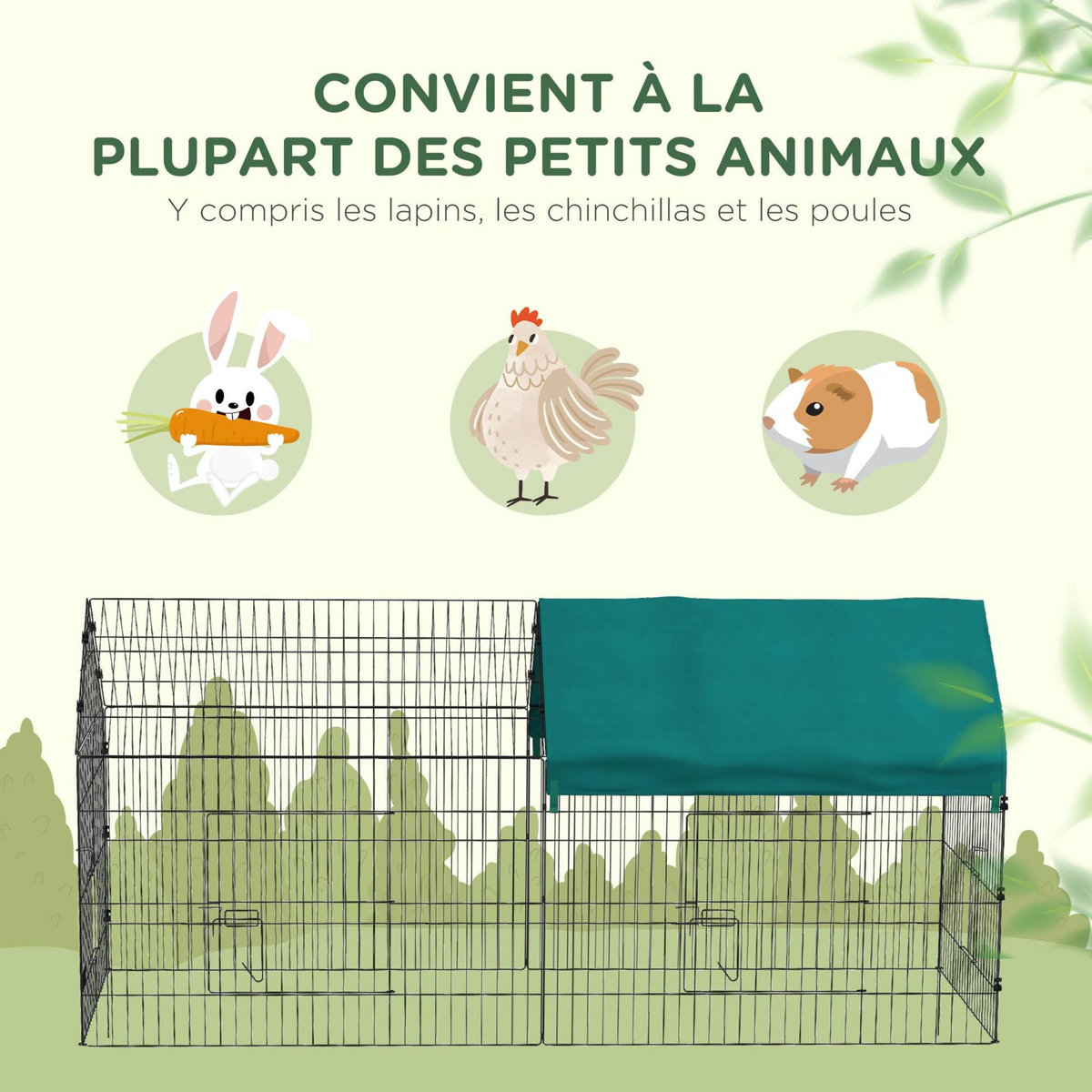 PAWHUT Parc enclos petits animaux - 2 portes, 2 trappes nourrissages, zone couverte - acier noir polyester vert