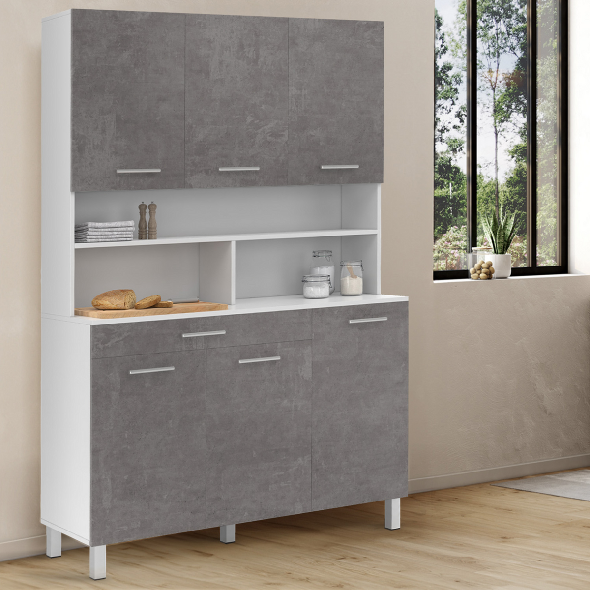 ID MARKET Buffet de cuisine 120 CM CINA 6 portes + tiroir blanc et effet béton