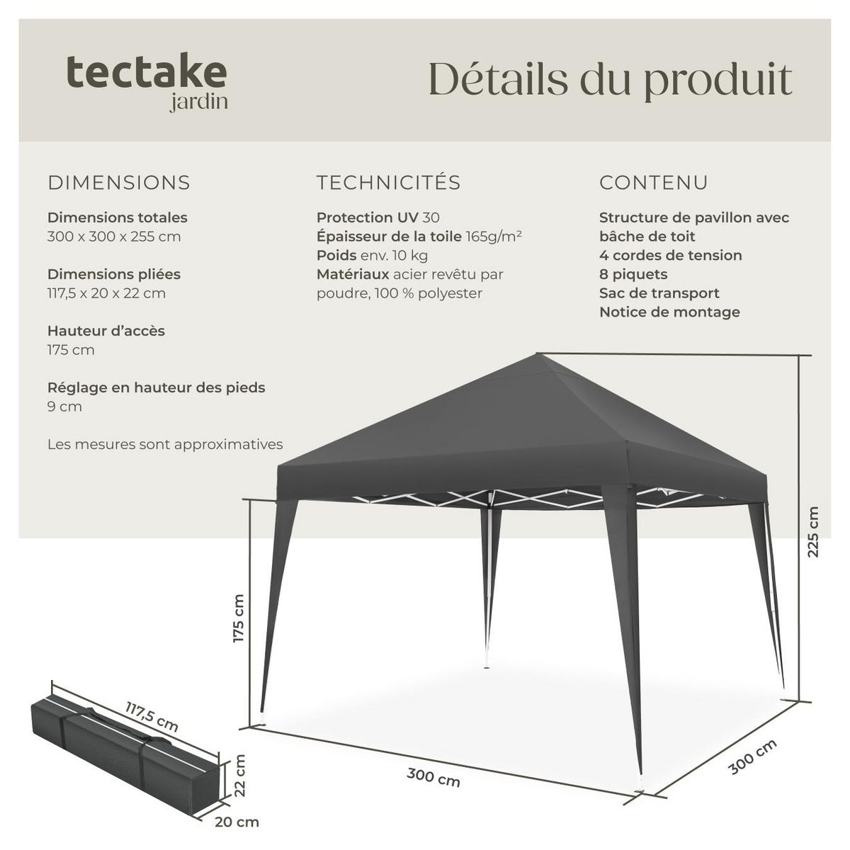 tectake Tonnelle 3 x 3 m gris