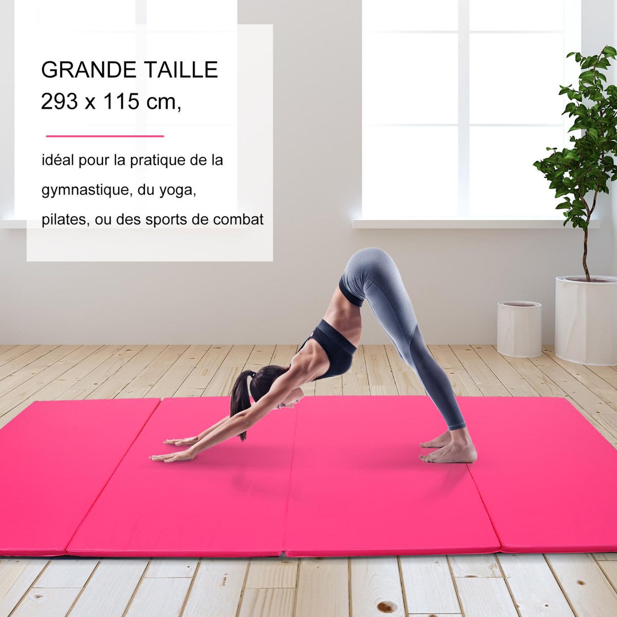 HOMCOM Tapis de sol gymnastique Fitness pliable portable rembourrage mousse 5 cm grand confort revêtement synthétique dim. 2,93L m x 1,15l m rose
