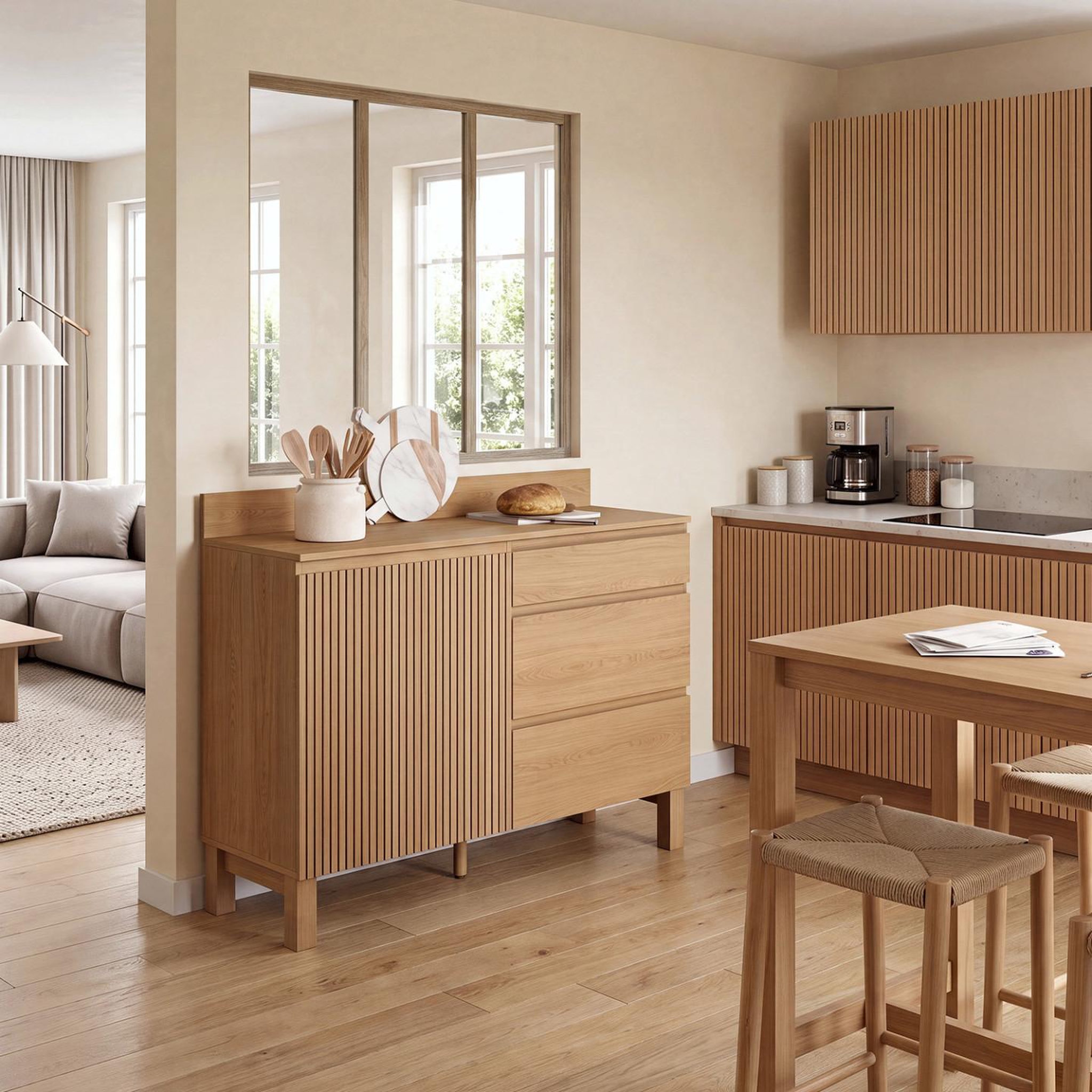 Voir la diapositive 6 : ID MARKET Buffet bas casserolier de cuisine 120 cm JULIETTE plan de travail H.83 cm 1 porte + 3 tiroirs effet lattes tasseau bois