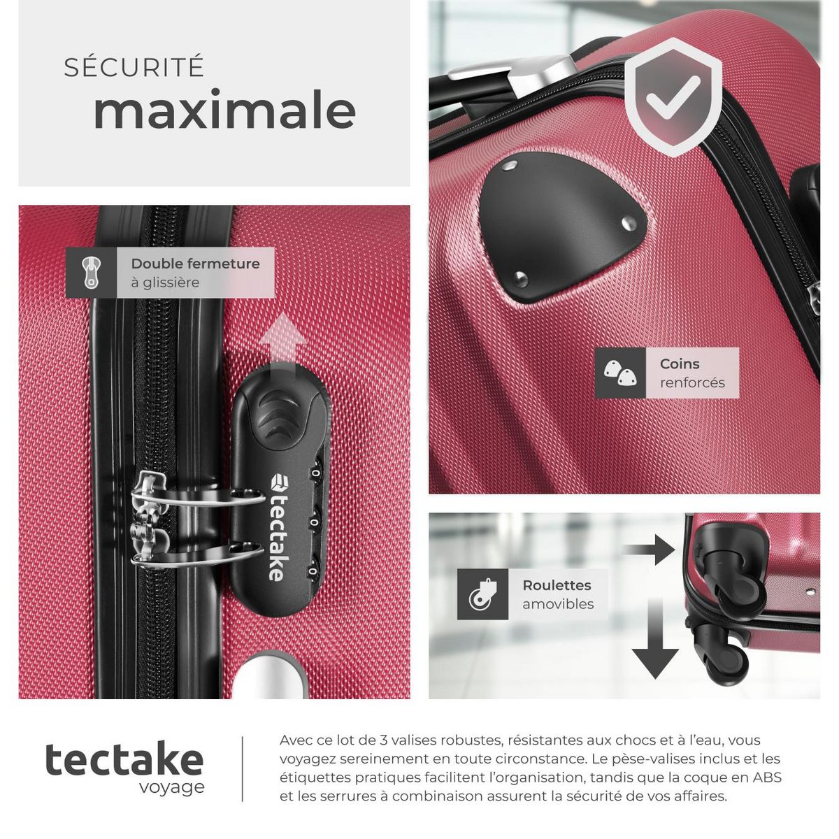 tectake Ensemble de 3 valises 3 pièces en ABS robuste, balance à bagages et étiquette rouge bordeaux