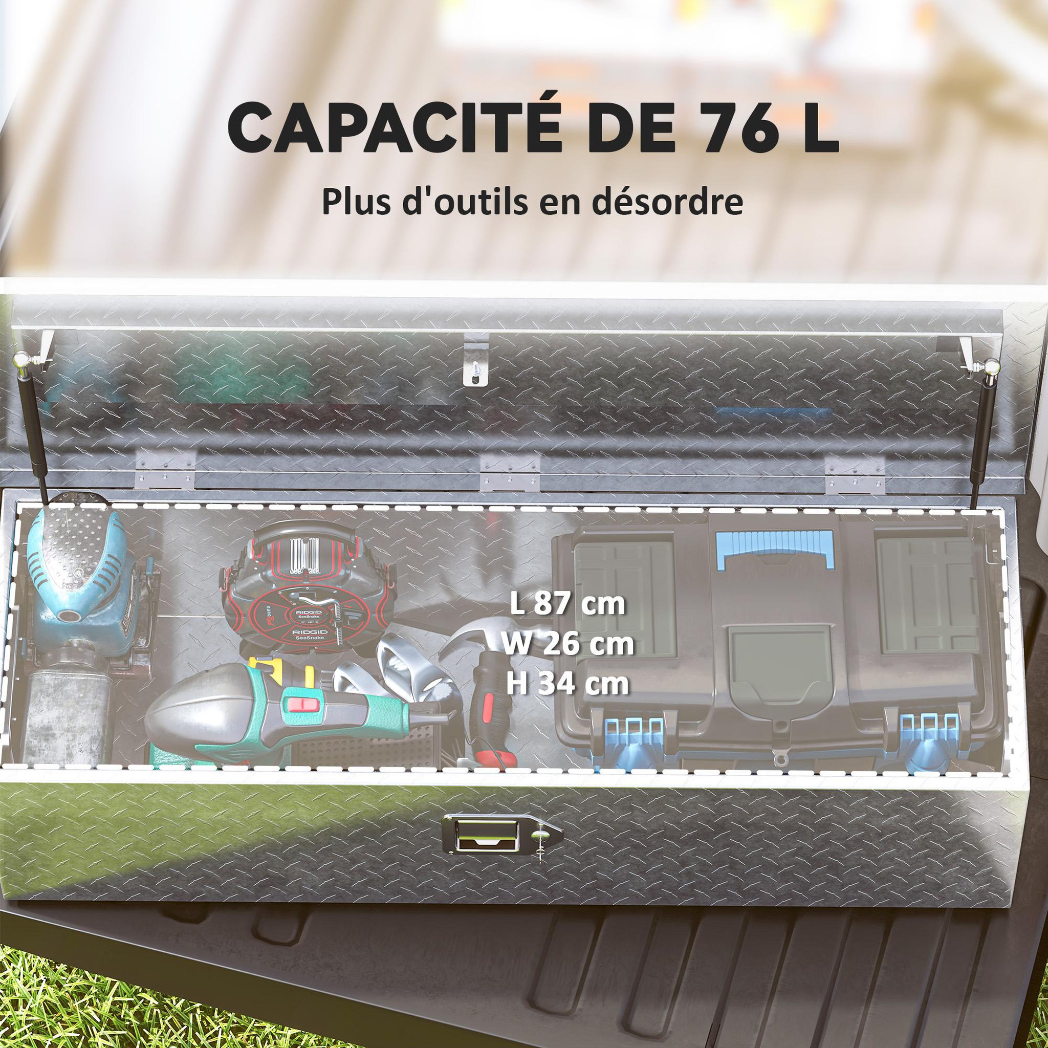 Voir la diapositive 4 : HOMCOM Boîte à outils en aluminium - caisse à outil alu. verrouillage clé vérins poignées - 99 x 33 x 25 cm