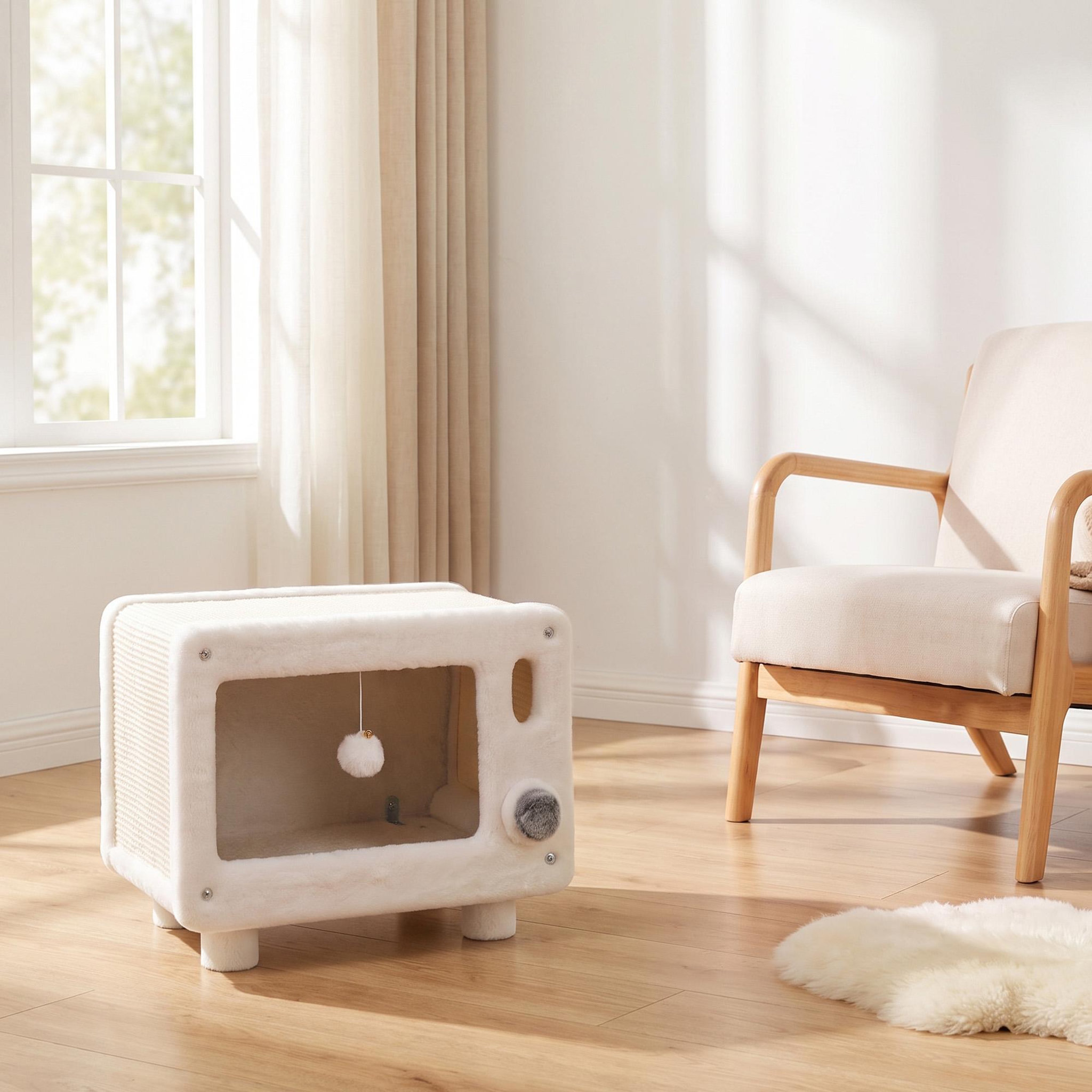 Voir la diapositive 4 : PAWHUT Grattoir niche chat 2 en 1 design télévision cosy 50 x 33 x 42 cm crème