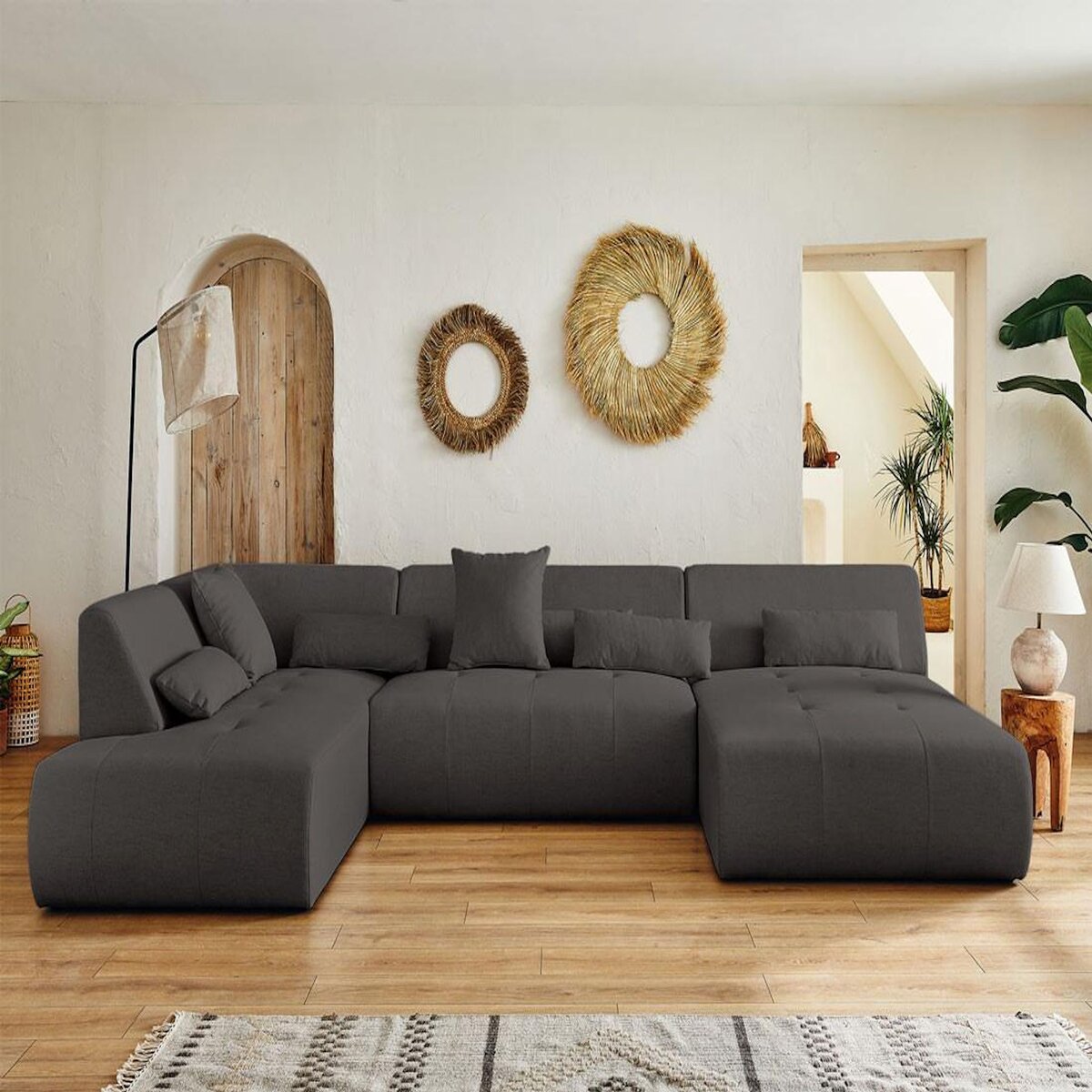 LISA DESIGN Onyx - canapé panoramique d'angle gauche 7 places - en tissu