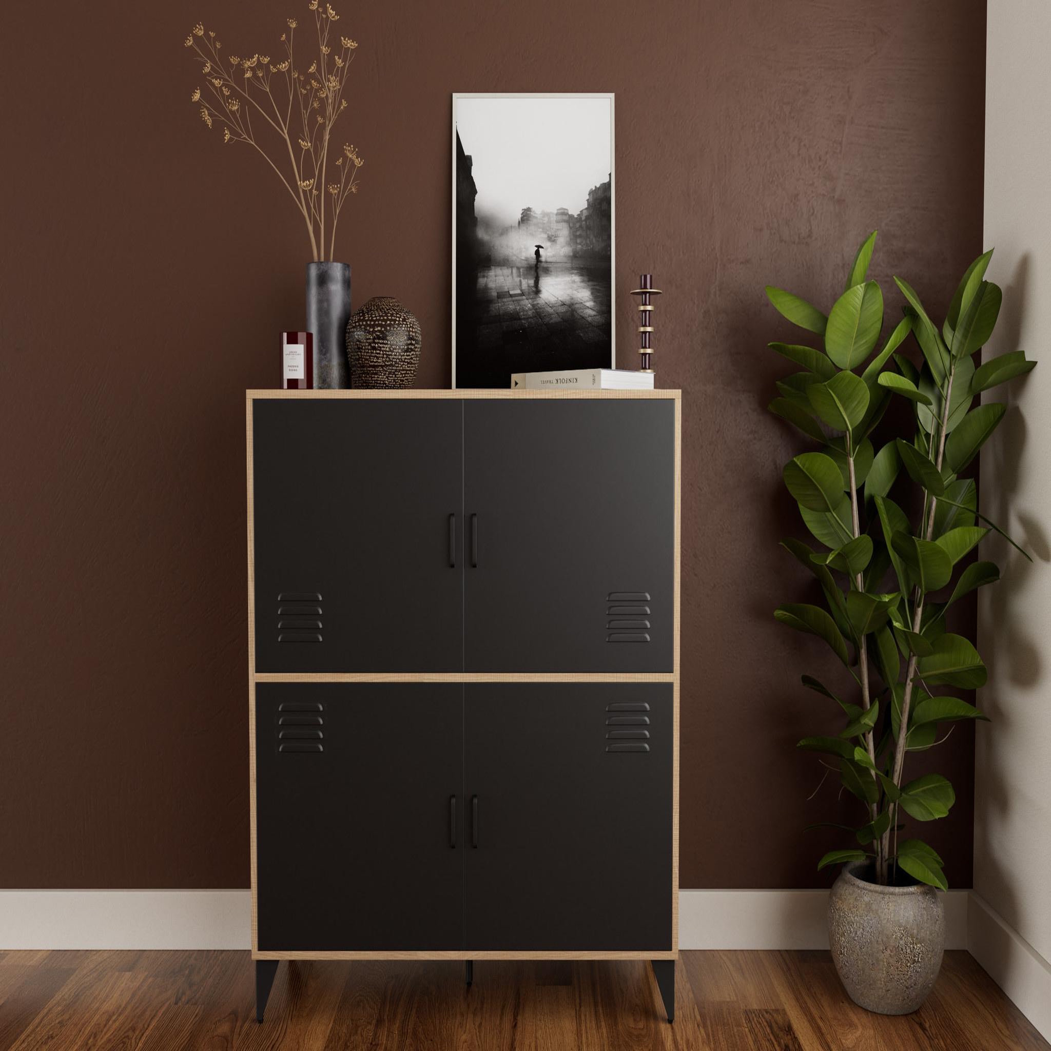 BEST MOBILIER Tribeca - buffet haut - effet bois et métal noir - 2 portes - 100x112 cm. Coloris disponibles : Marron