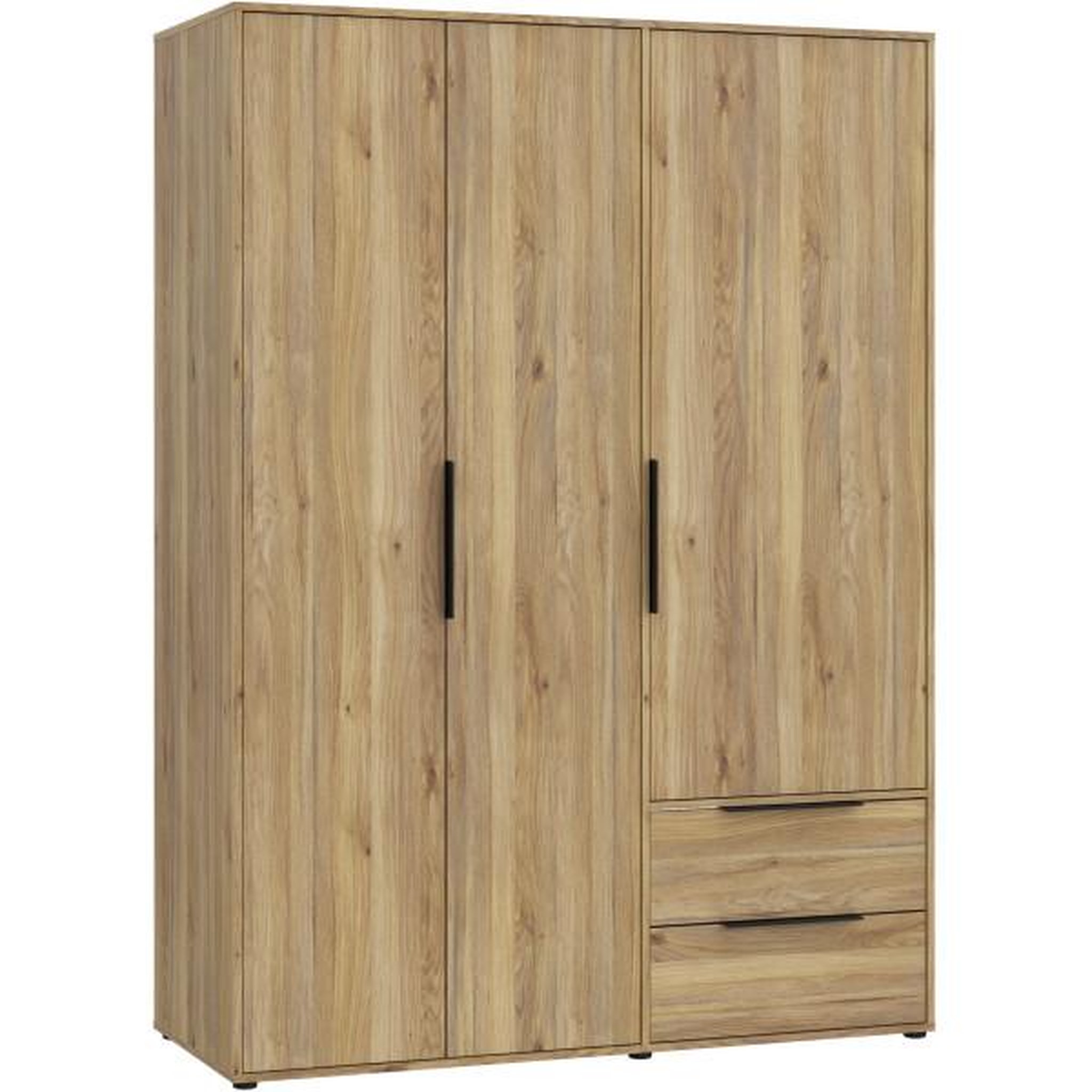 Voir la diapositive 2 : MARKET24 Armoire de chambre - Décor Chene - 3 portes battantes + 2 tiroirs - L144,4 x P59 x H200,1 cm - ORKNEY