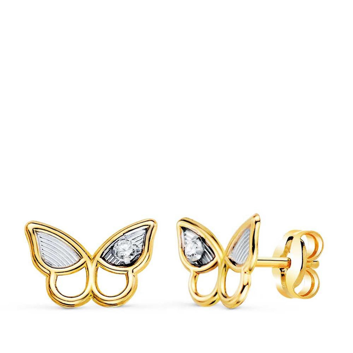 L'ATELIER D'AZUR Boucles d'Oreilles Or 18 Carats 750 Bicolore Jaune et Blanc - Zirconium - Motif Papillon