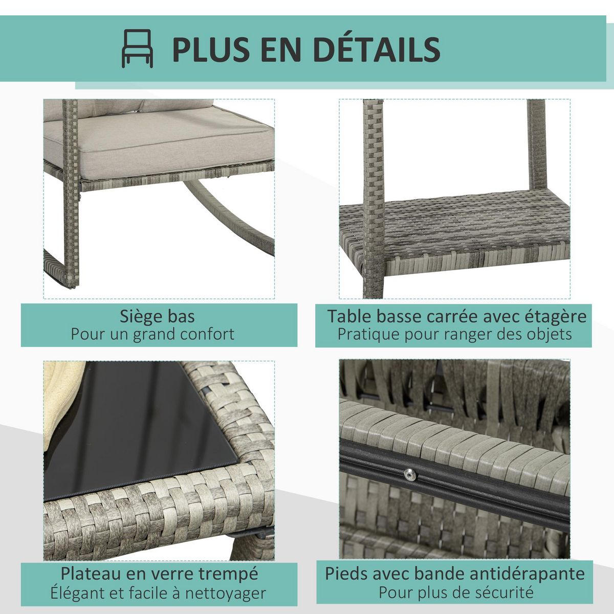 OUTSUNNY Ensemble de jardin 3 pièces 2 fauteuils à bascule table basse coussins inclus métal époxy résine tressée PE polyester gris