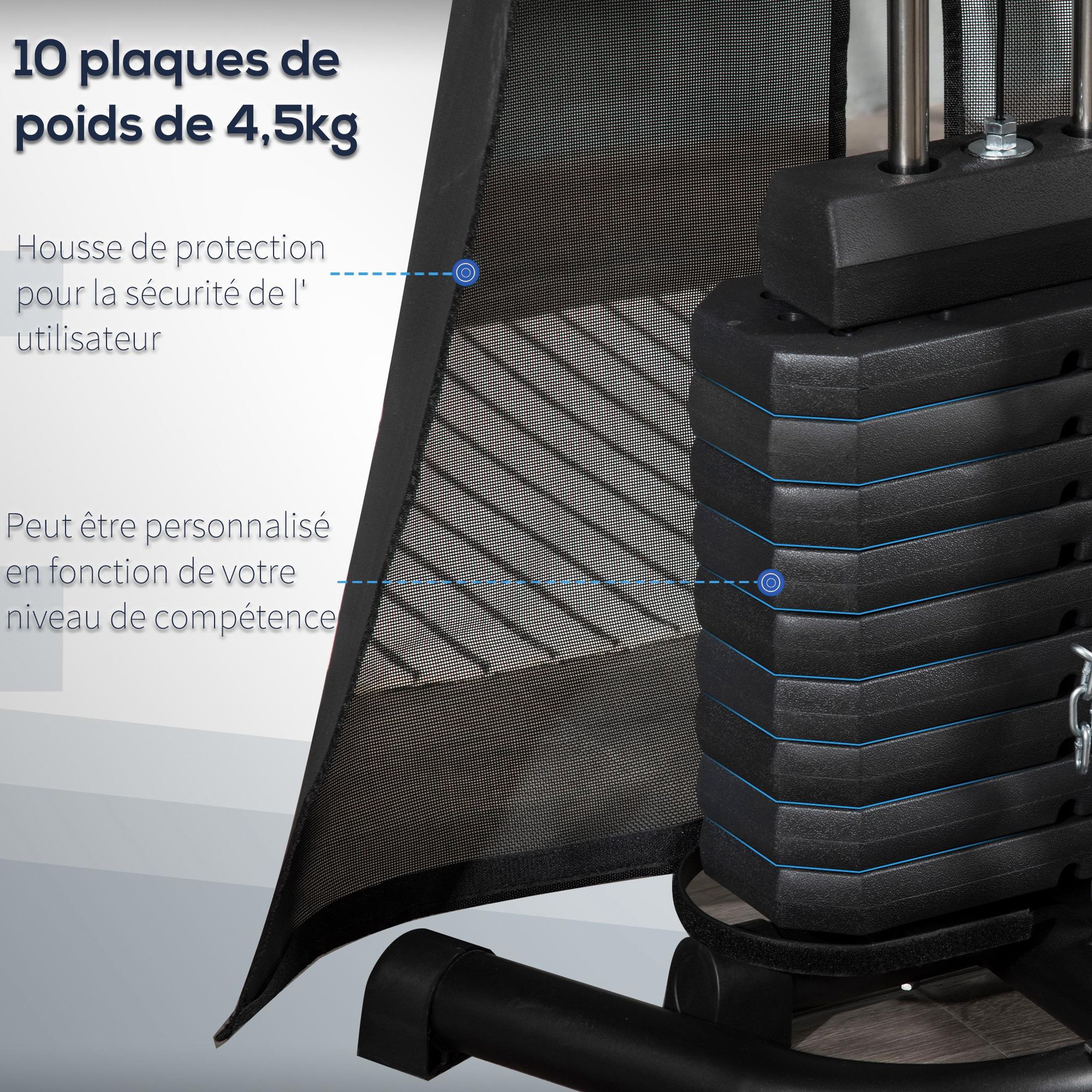 Voir la diapositive 5 : HOMCOM Station de musculation - entrainement complet - développé couché, butterfly, barre latissimus, curler, bande résistance, 10 contrepoids - acier noir rouge