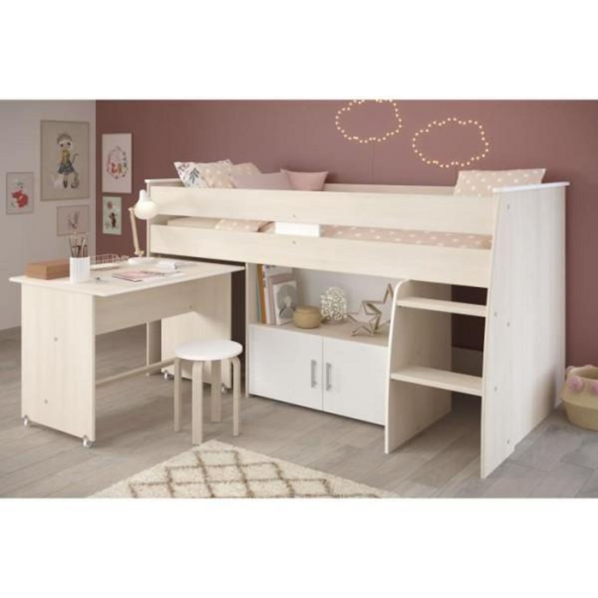 PARISOT Lit combiné enfant Parisot ZOLA 90x200 cm - 2 portes - Avec bureau - Décor acacia clair et blanc