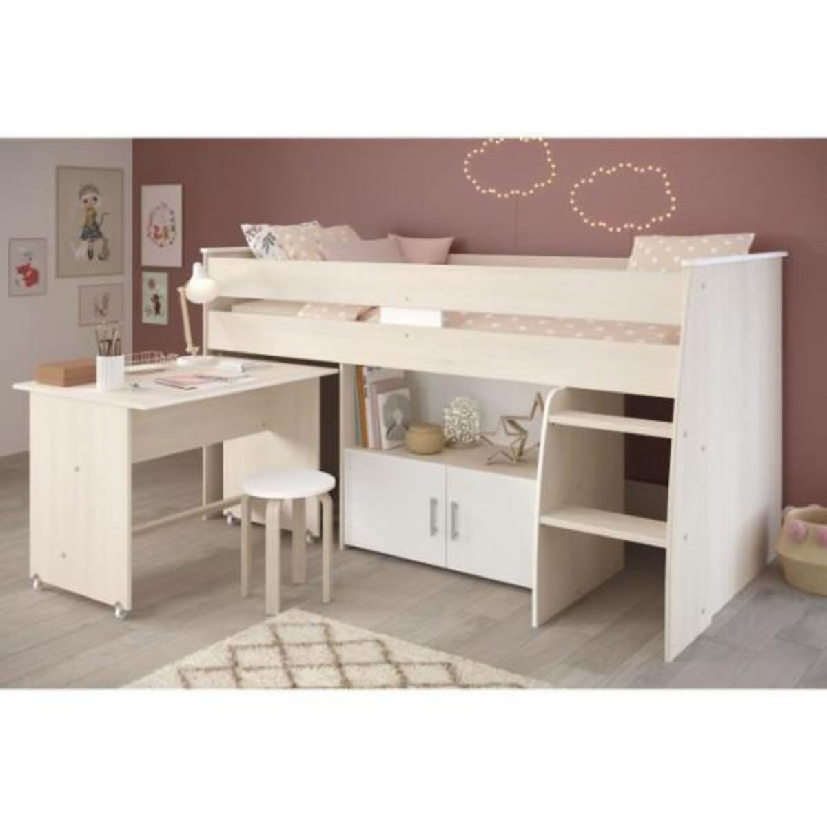 PARISOT Lit combiné enfant Parisot ZOLA 90x200 cm - 2 portes - Avec bureau - Décor acacia clair et blanc