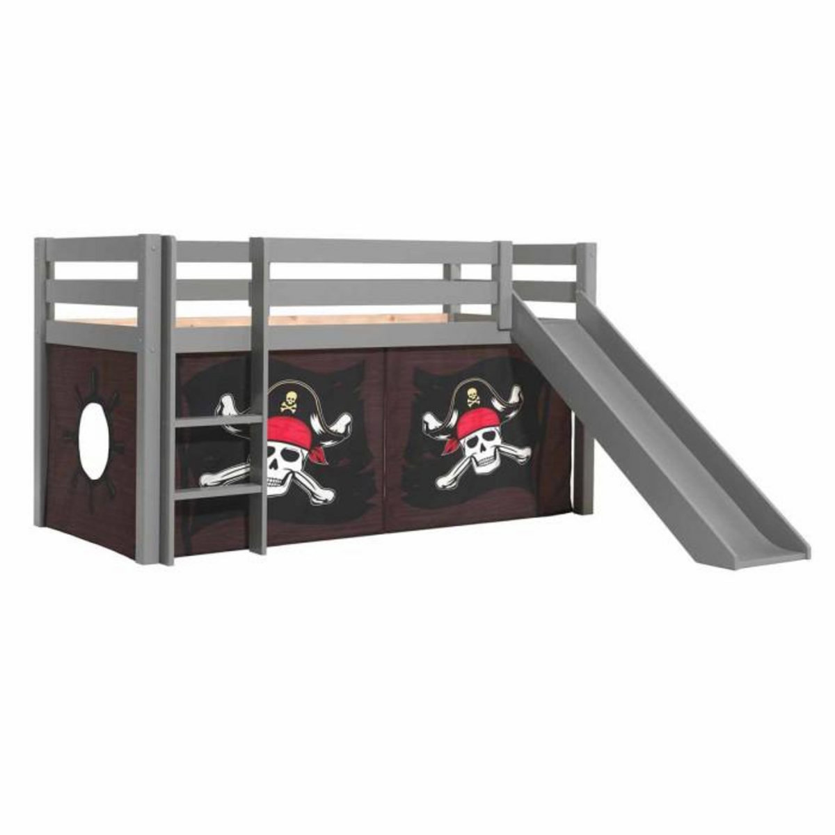 Paris Prix Lit Enfant Surélevé Avec Toboggan  Pino Caribian Pirates  90x200cm Gris