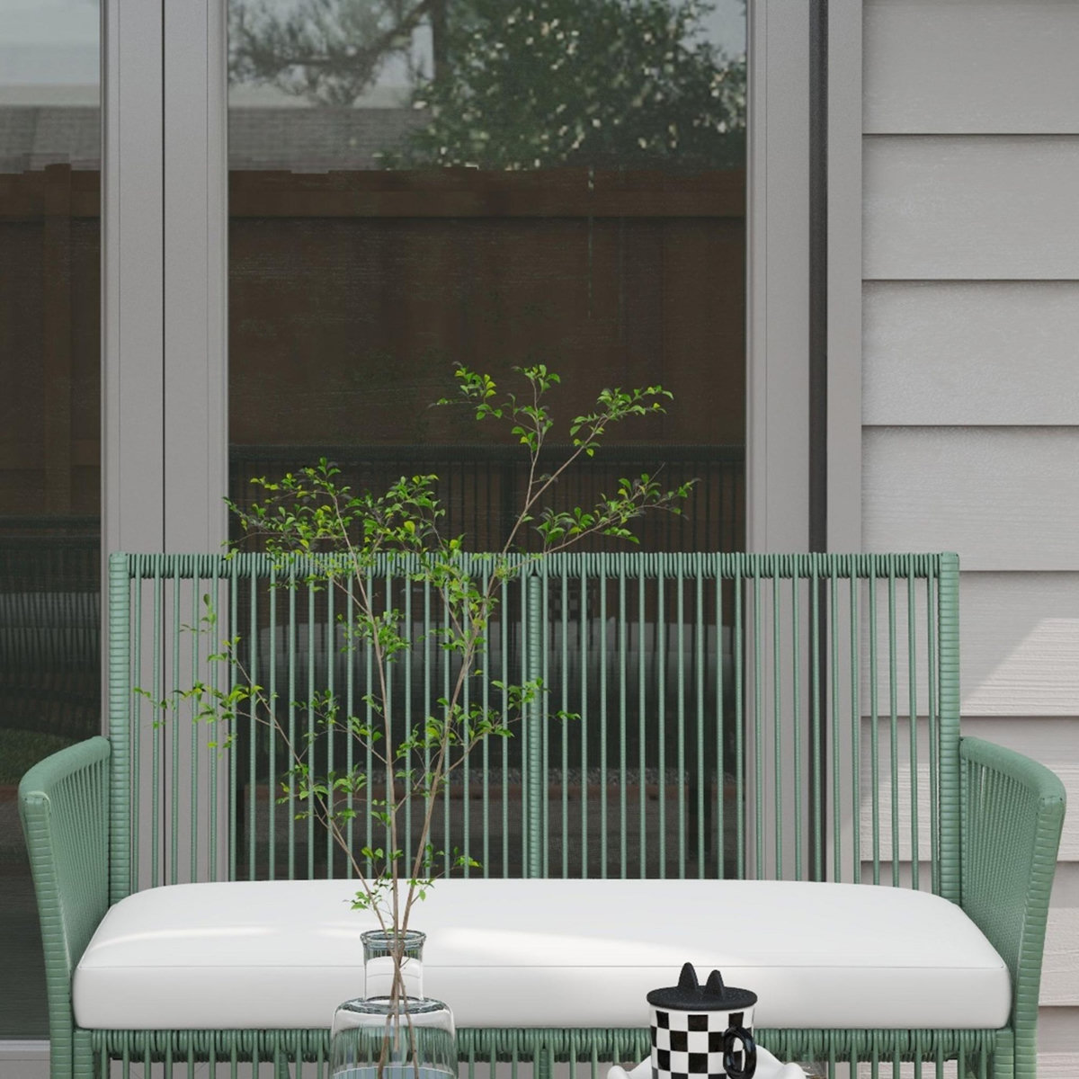 OUTSUNNY Salon de jardin 4 places 4 pièces style colonial table basse coussins inclus résine tressée filée aspect rotin vert