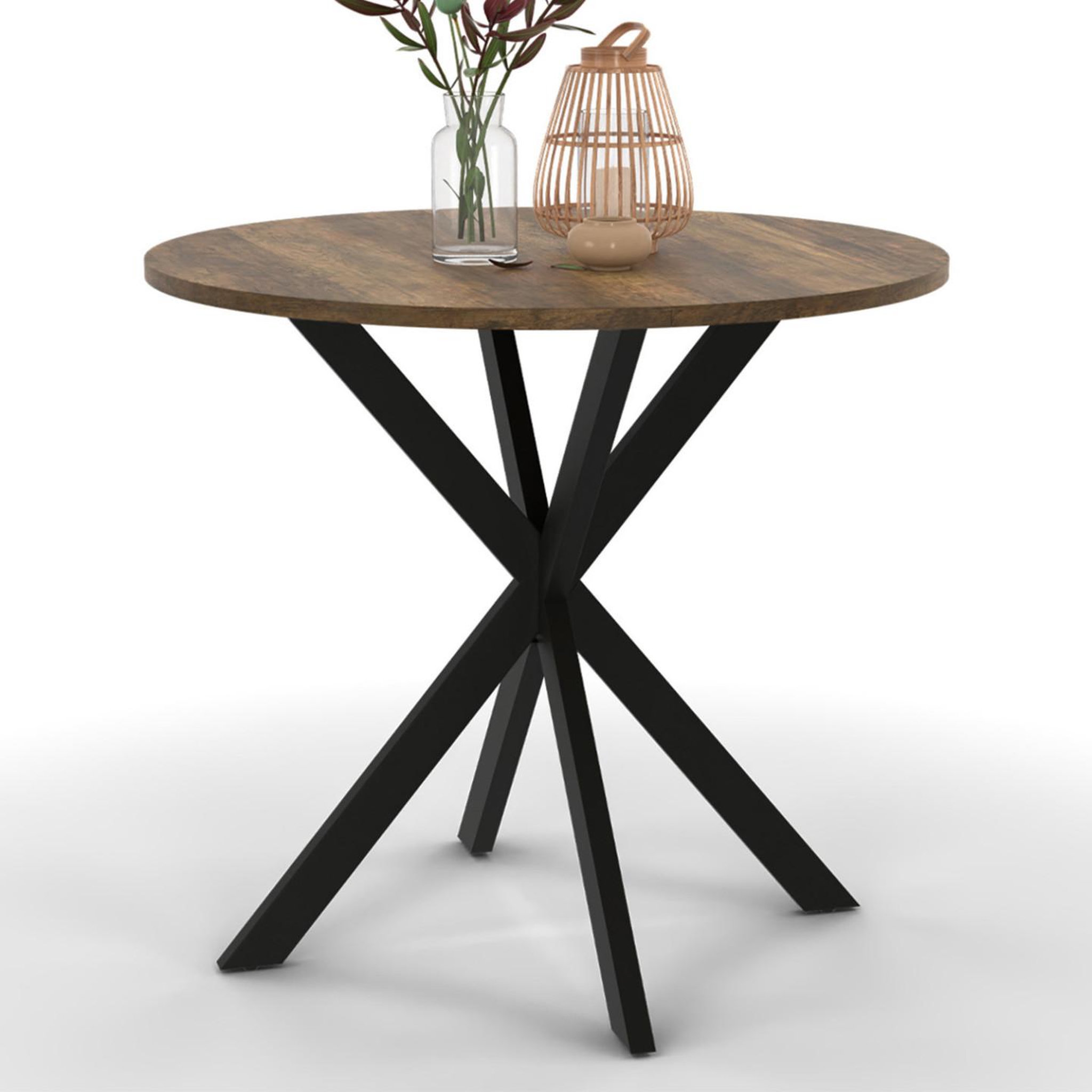 ID MARKET Table à manger ronde alix 4 personnes pied araignée noir et plateau bois foncé hawkins 80 cm