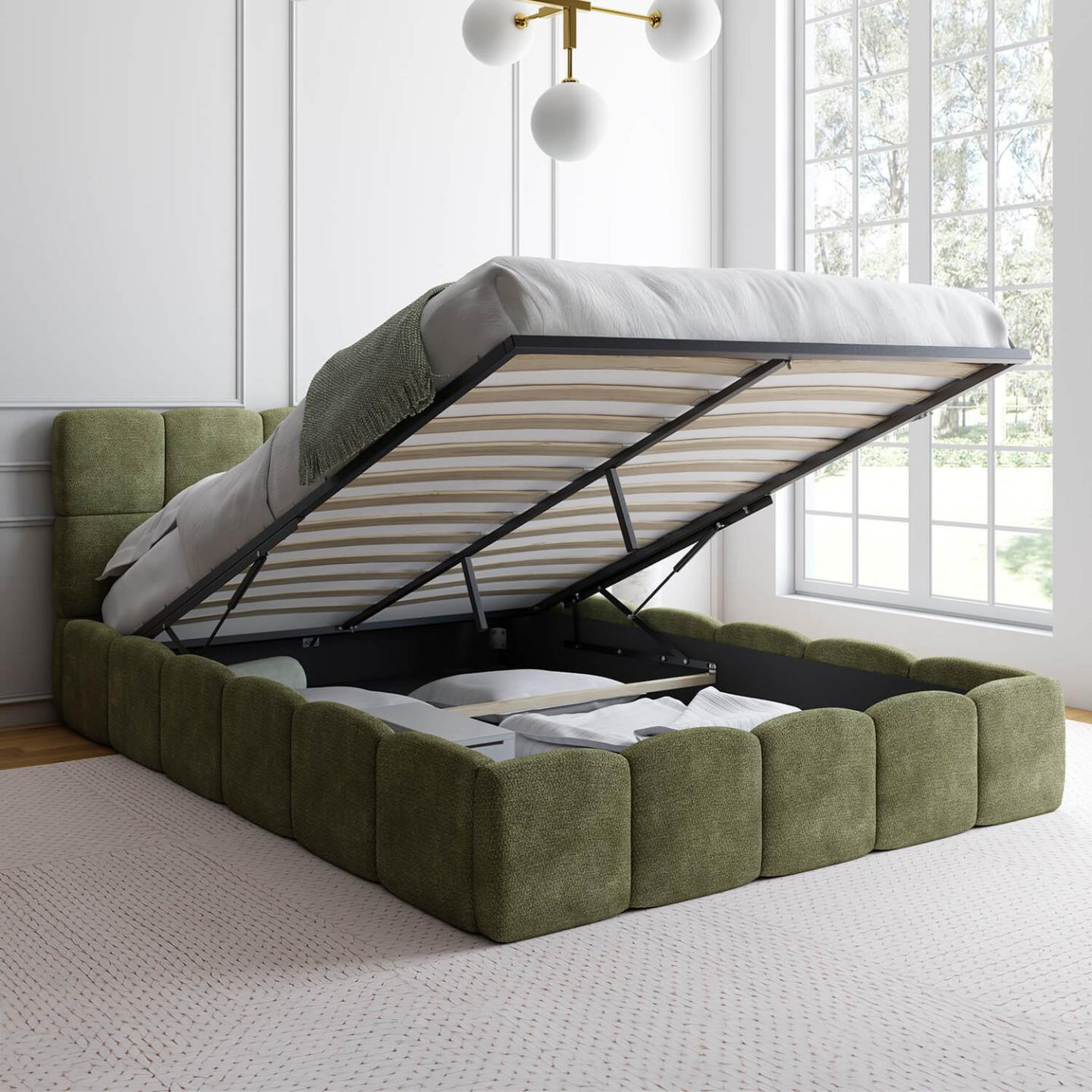 Voir la diapositive 2 : ID MARKET Lit coffre double nuage avec tête de lit matelassée et sommier 140 x 190 cm tissu chenille vert kaki