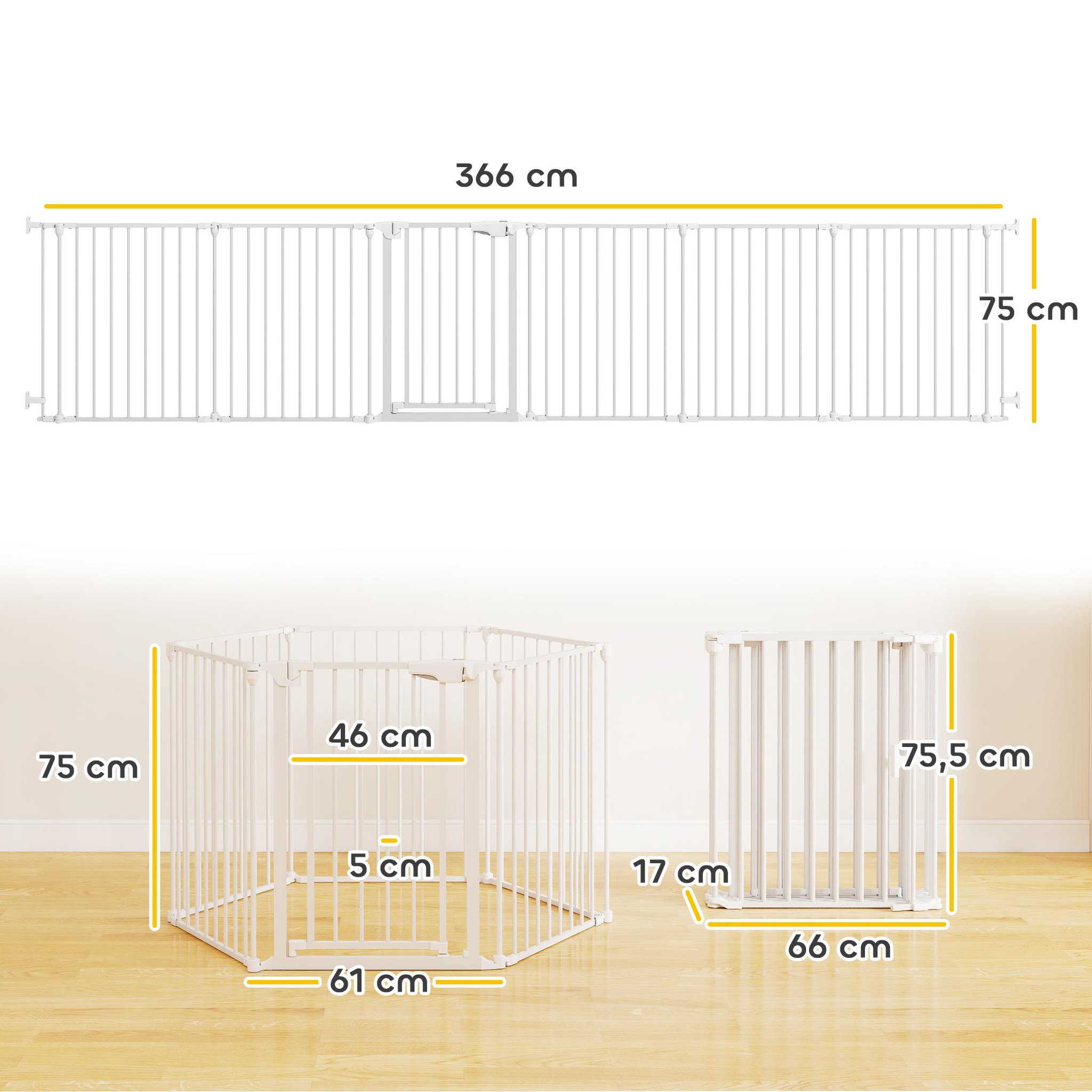 Voir la diapositive 3 : PAWHUT Barrière de sécurité pliable modulable max. L.366cm parc enclos 6 panneaux - porte double verrouillage - acier blanc