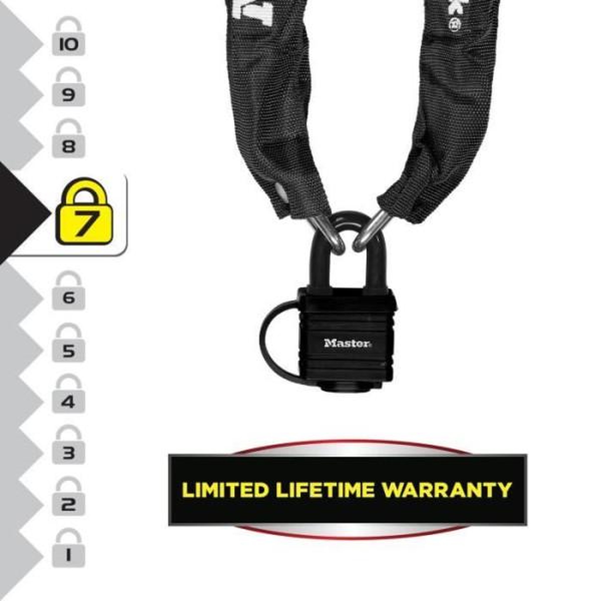 Voir la diapositive 2 : Master lock Chaîne antivol MASTER LOCK - 8390EURDPRO - 90cm x Ø 6mm - Cadenas 40mm - Gaine nylon - Noir