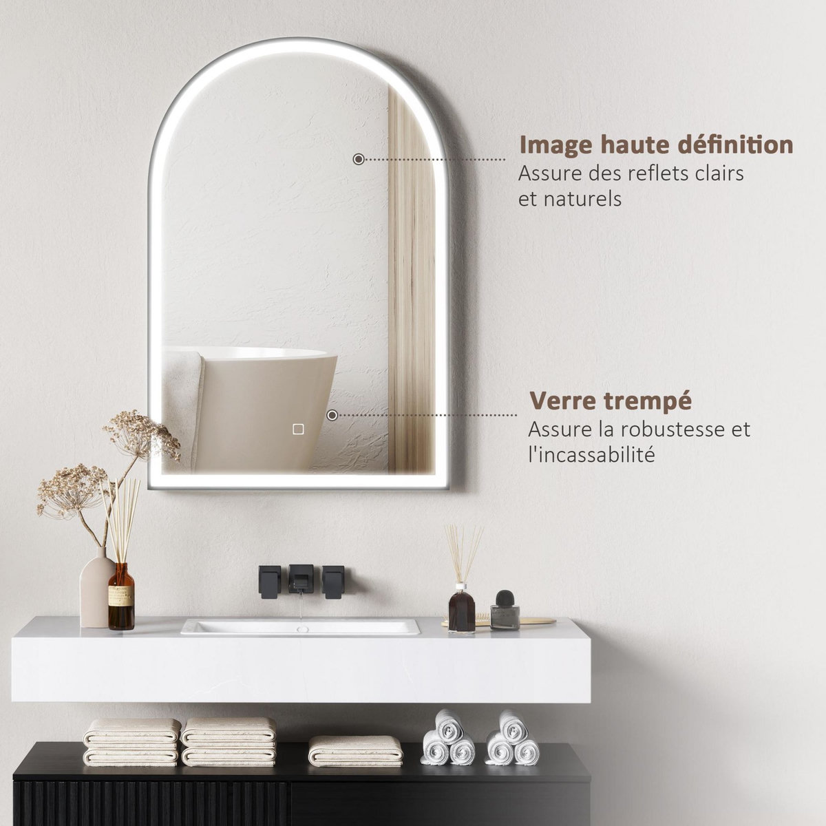 HOMCOM Miroir lumineux LED arqué de salle de bain 90 x 60 cm - tactile, réglable, anti-buée - alu noir