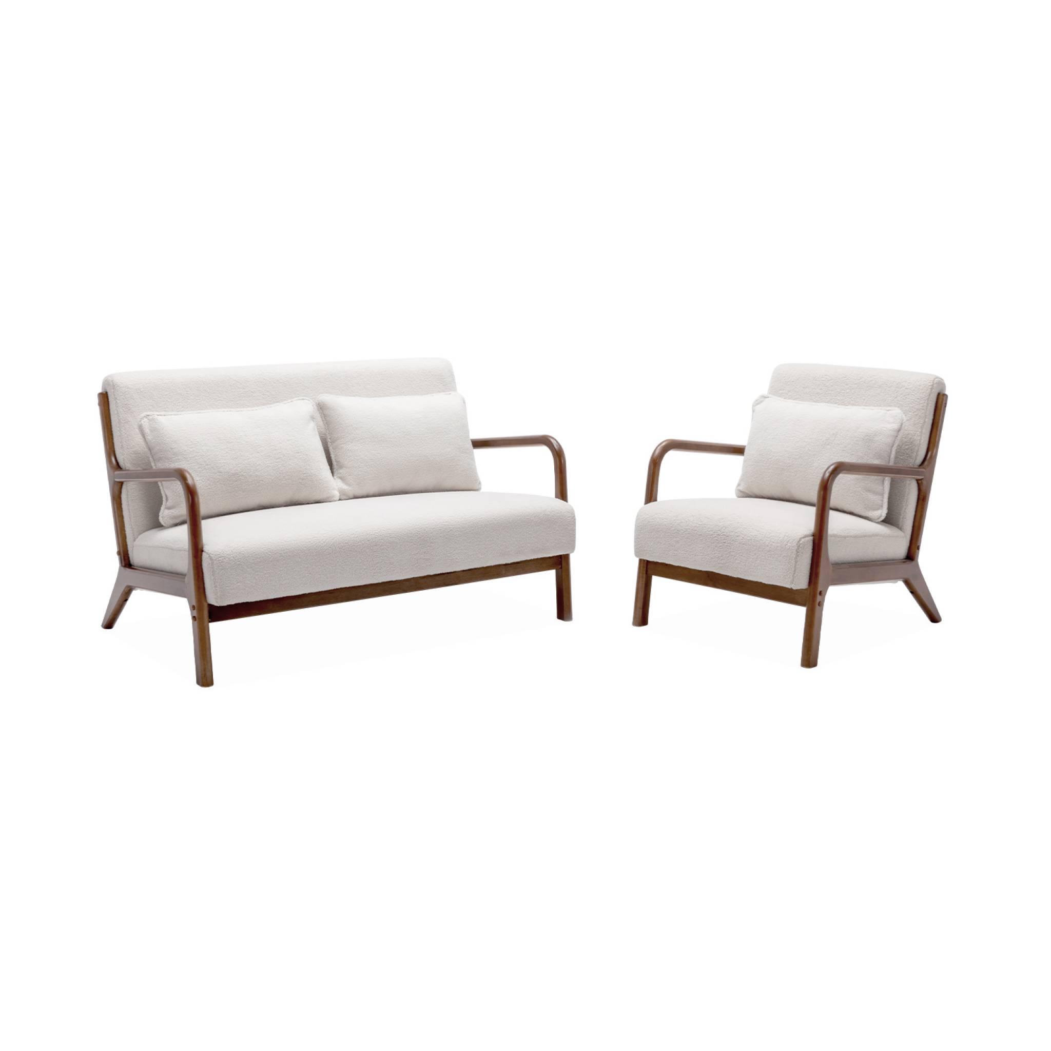 Voir la diapositive 1 : SWEEEK Banquette 2 places + Fauteuil bouclette en bois d'hévéa teinté noyer clair
