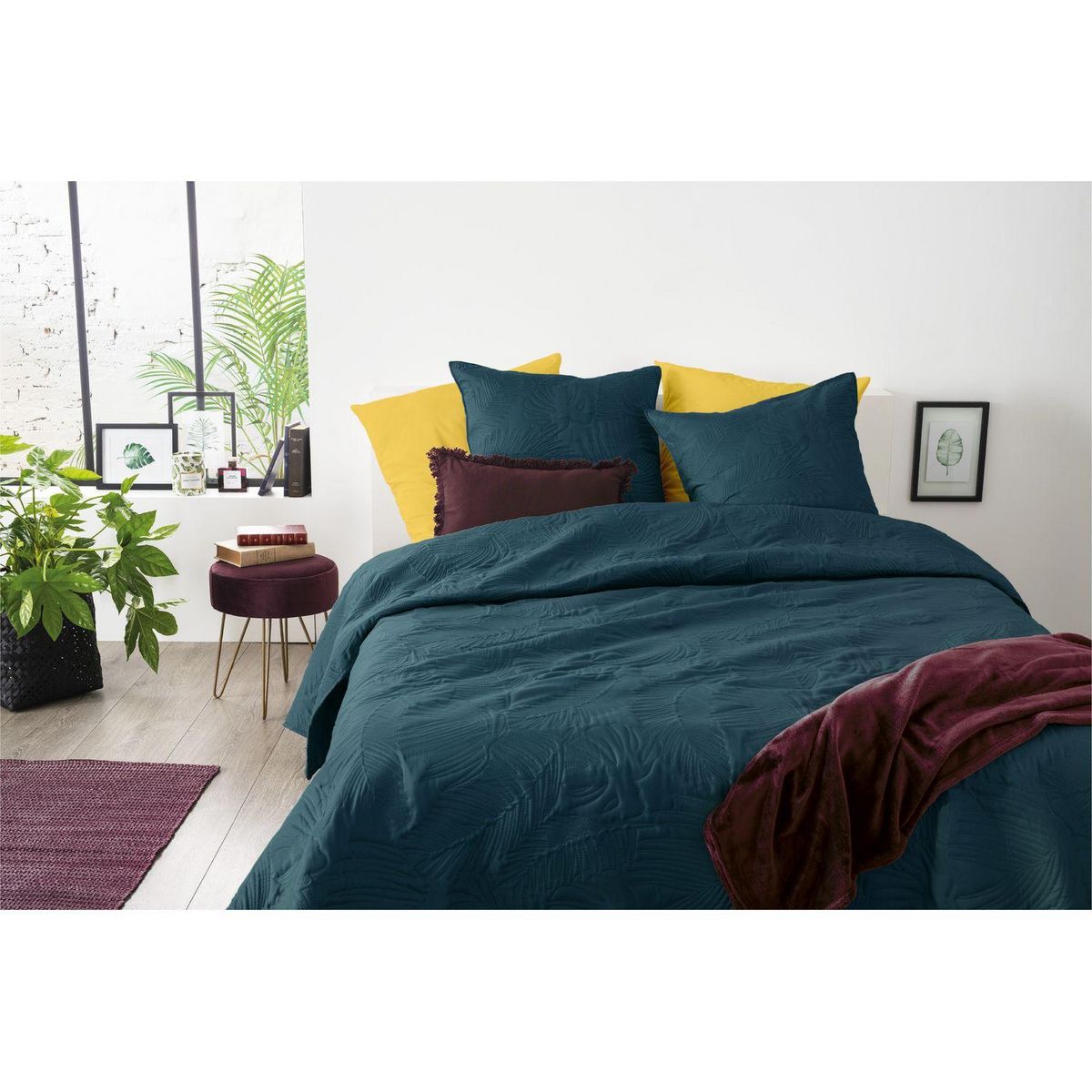 ATMOSPHERA Dessus de lit Jungle avec 2 taies d'oreillers - Bleu canard