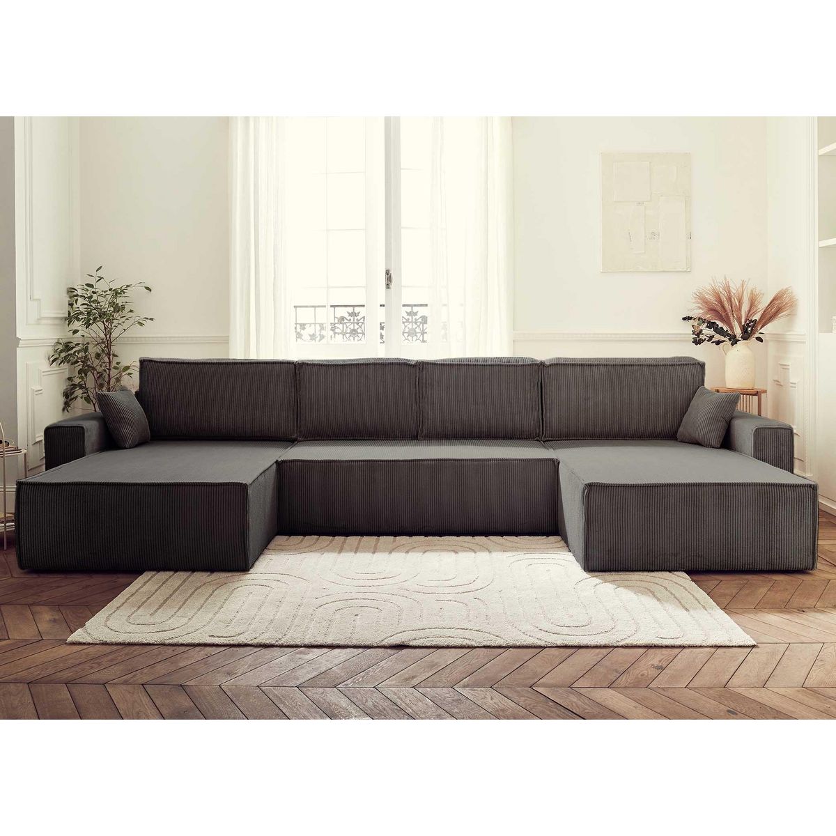 BEST MOBILIER Dellia - canapé panoramique en u - 7 places - convertible - avec coffre - en velours côtelé